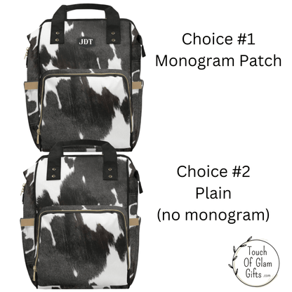 Our western style backpack diaper bag can be personalized with up to three initials or enjoyed plain.