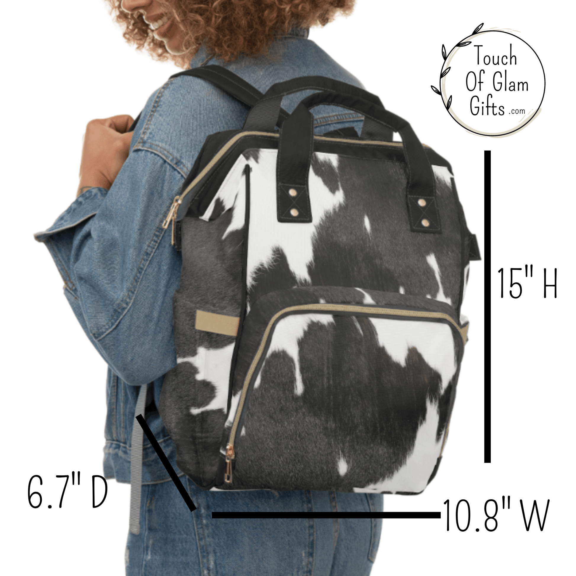 Our model is wearing the western style backpack and we have the measurements of height fifteen inches, width is ten point eight inches and depth is six point seven inches.
