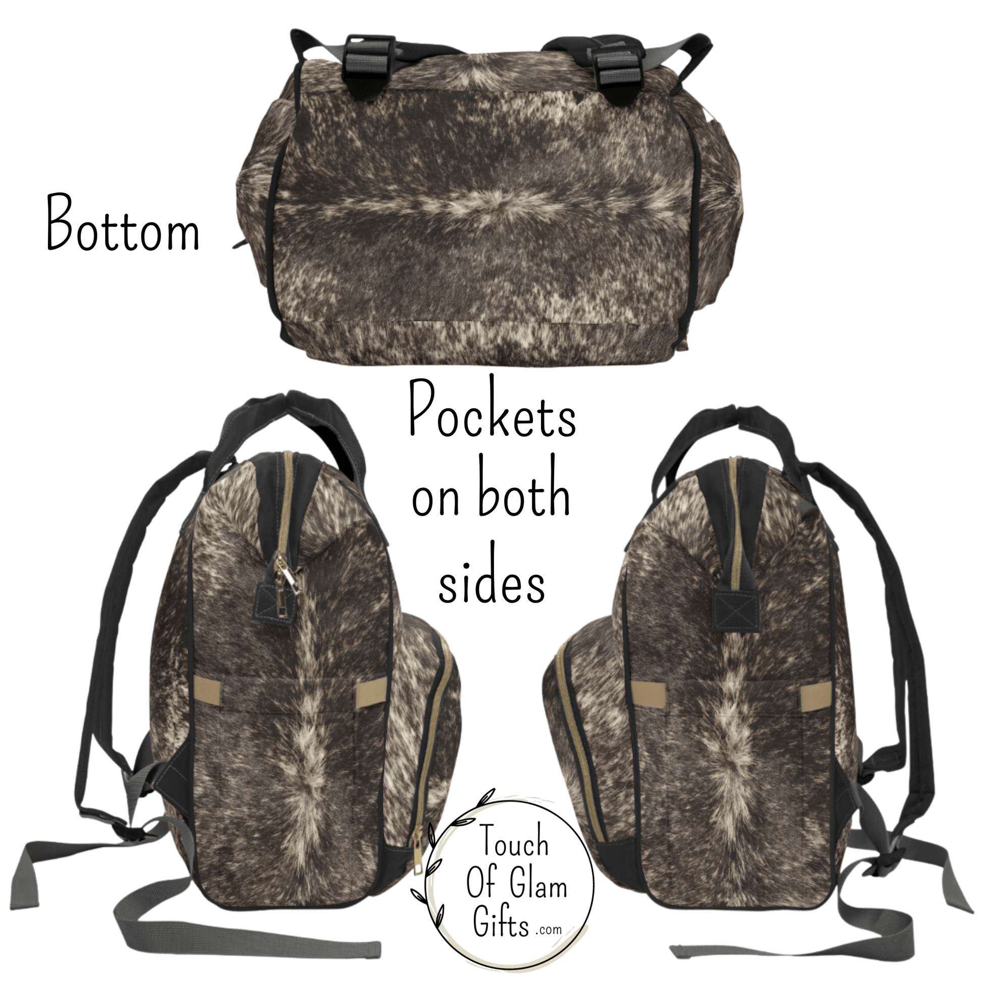 close views of the bottom of the cowhide backpack shows the brown cow print on the bottom and both sides have pockets for water bottles on the exterior. 