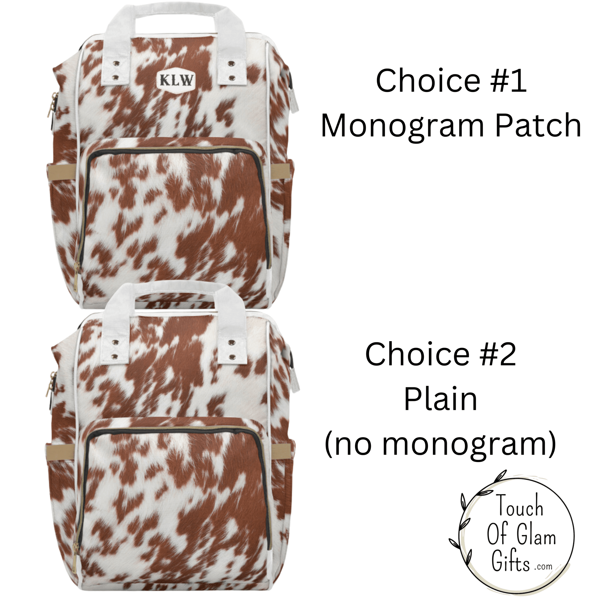 You choose if you want monogram initials in black on your diaper backpack or you can leave it plain.