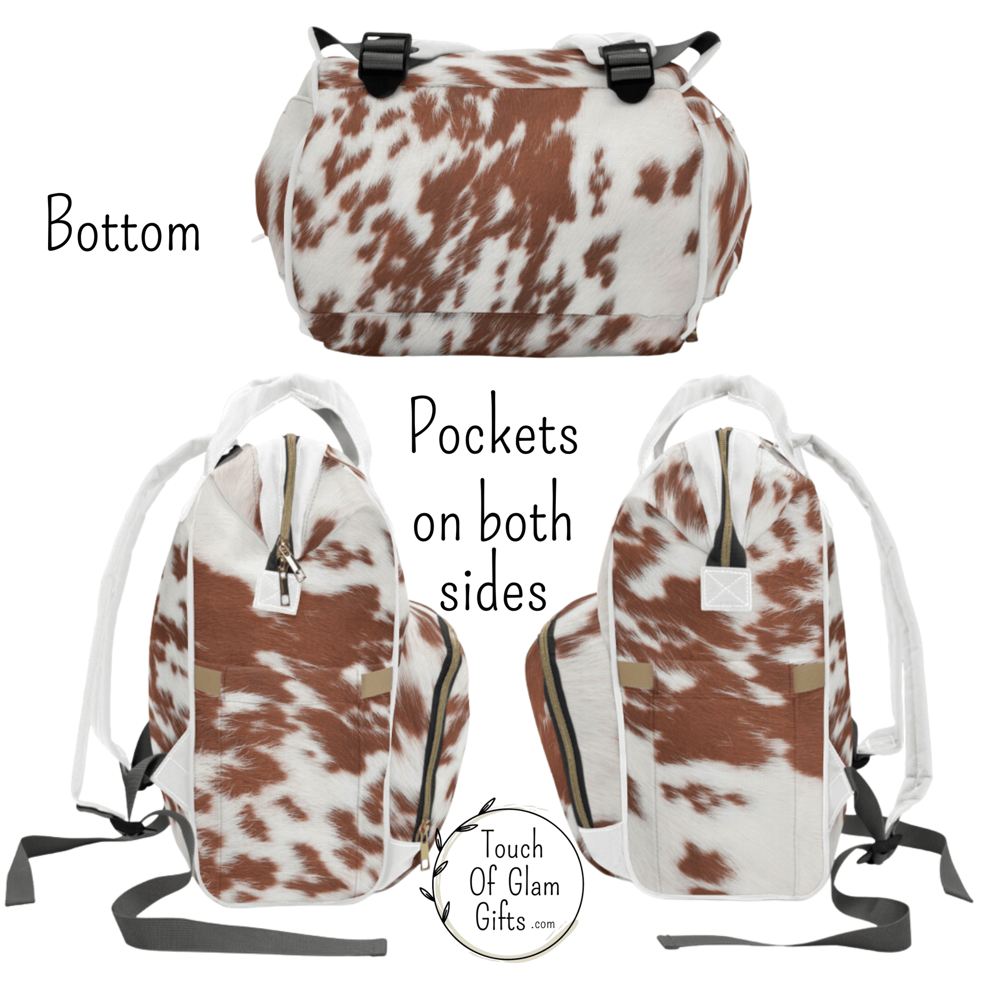 The bottom of our cowhide backpack has cowhide and pockets on both sides for extra storage for water bottles. 