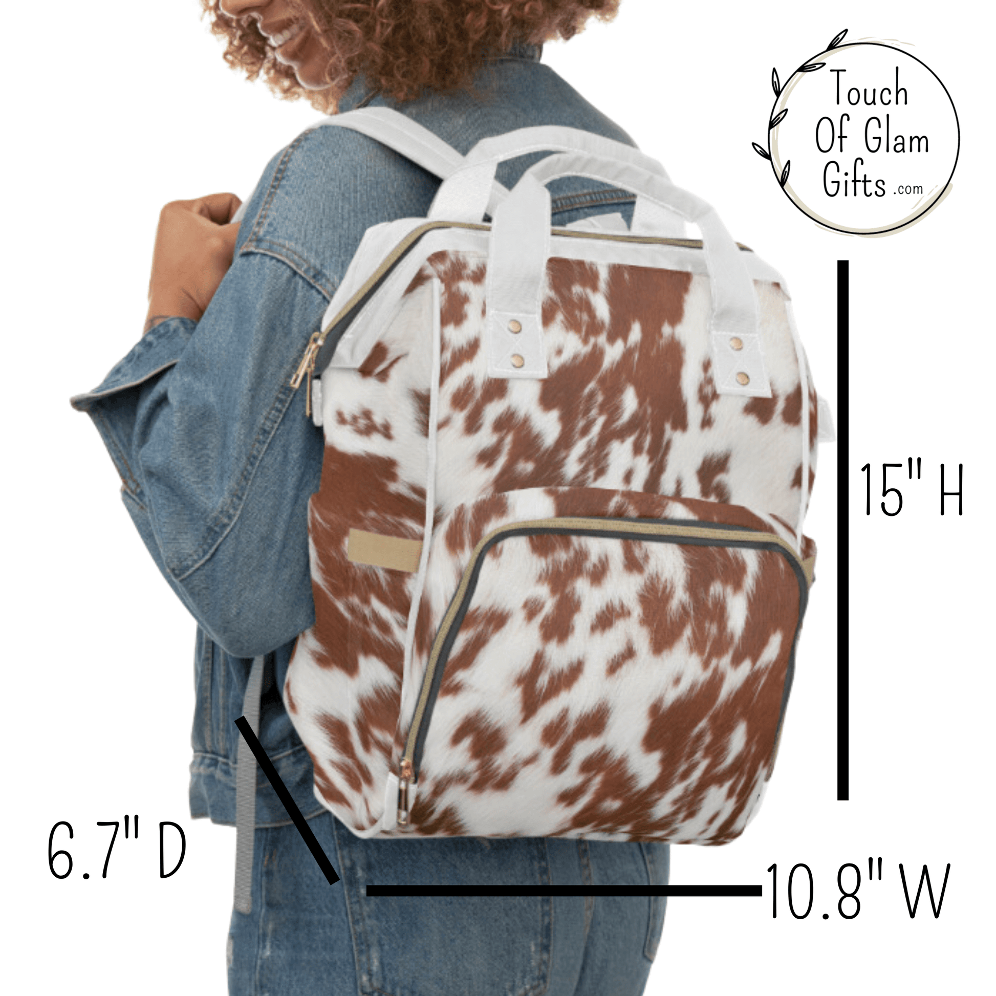 THe measurements of our plain cowhide backpack are fifteen inch height, ten point eight inch width and six point seven inch depth.