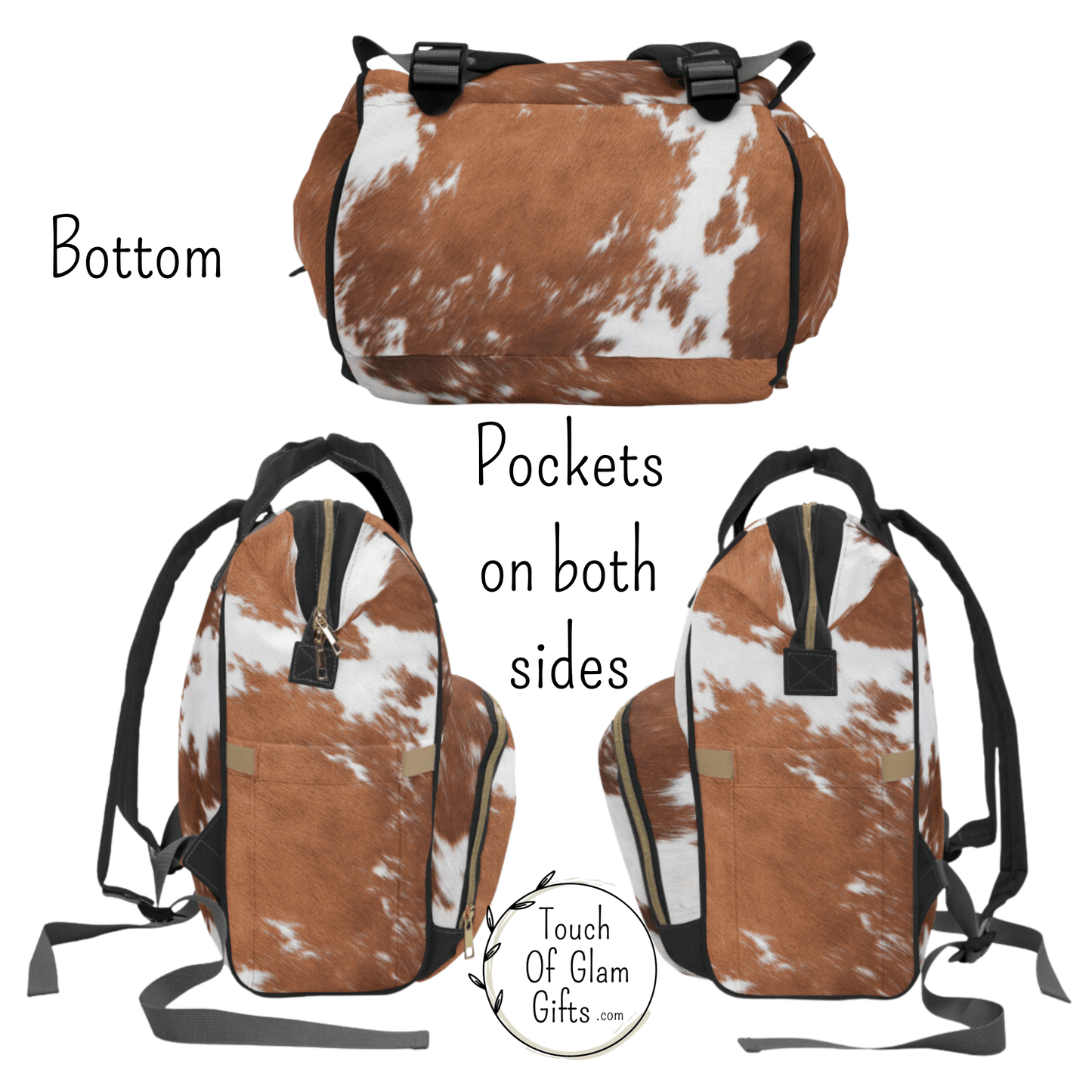Up close look at the bottom of the cow print backpack shows cowhide print on the bottom and sides. Both sides have pockets for water bottles too.