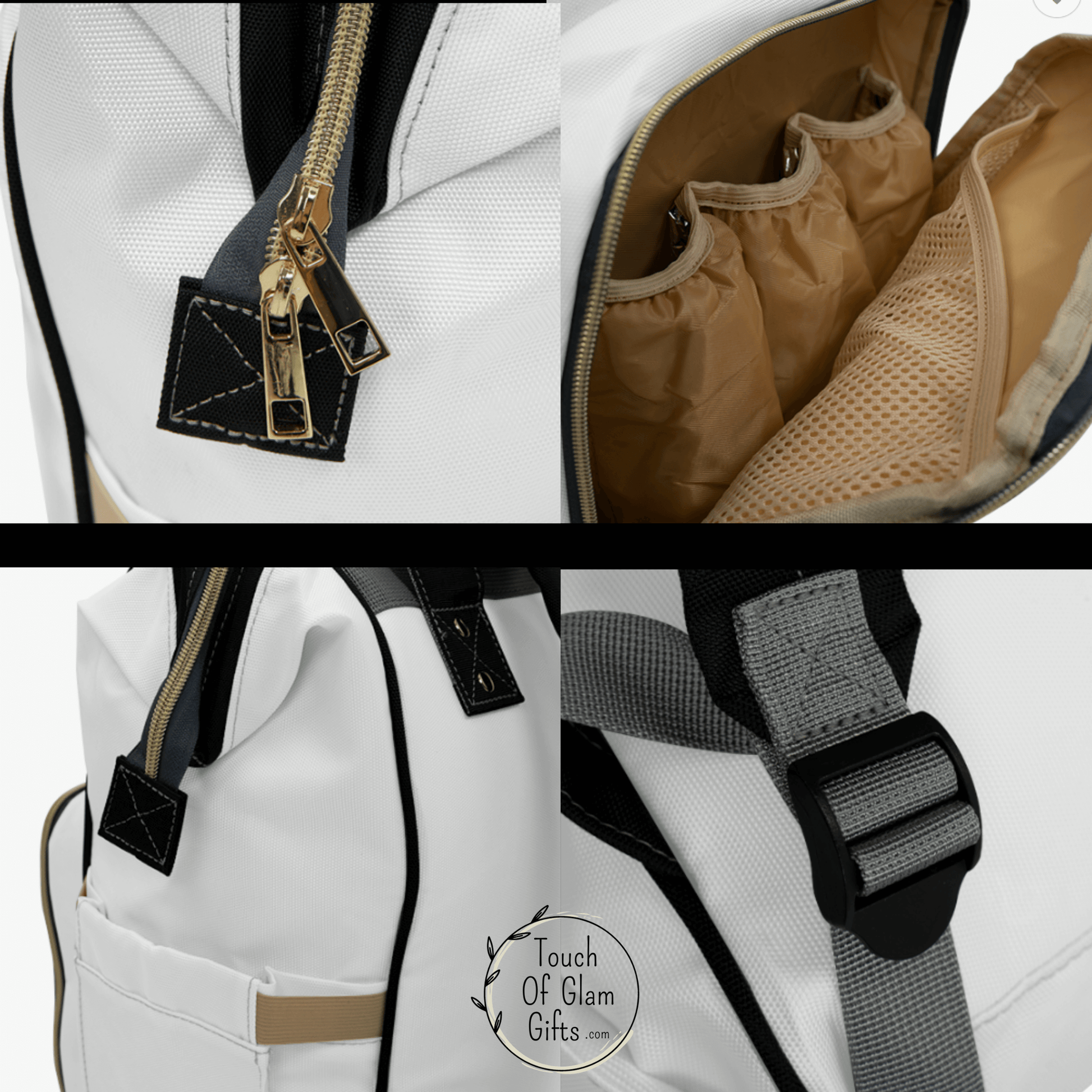 Up close details for our diaper bags shows a khaki color inside that is washable, a gold zipper and black and grey adjustable straps.
