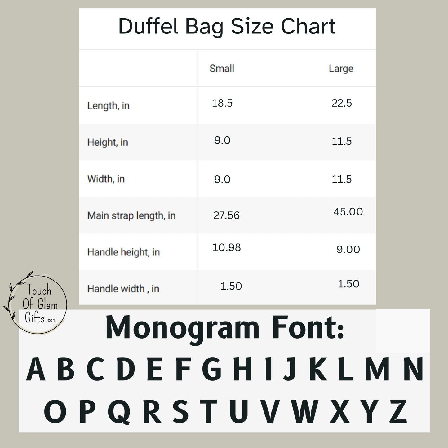 A size chart for the duffel bag shows length, height, width, strap lengths and the monogrammed font.
