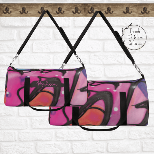 The perfect personalized weekend bag for teen girls. This pink graffiti duffel bag is one of a kind, custom made to order and available in large or small size duffel bag.  Our Pink duffel bag can be monogrammed or enjoyed as is.