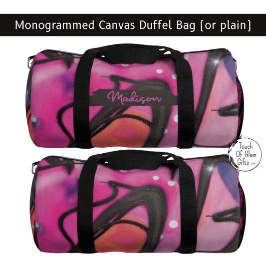 This retro travel bag is the perfect weekend bag for women or pink lovers. The pink canvas duffel bag comes in two sizes and has steel metal clasps and a quality zipper. The duffel bag can be personalized with your name or enjoyed plain.