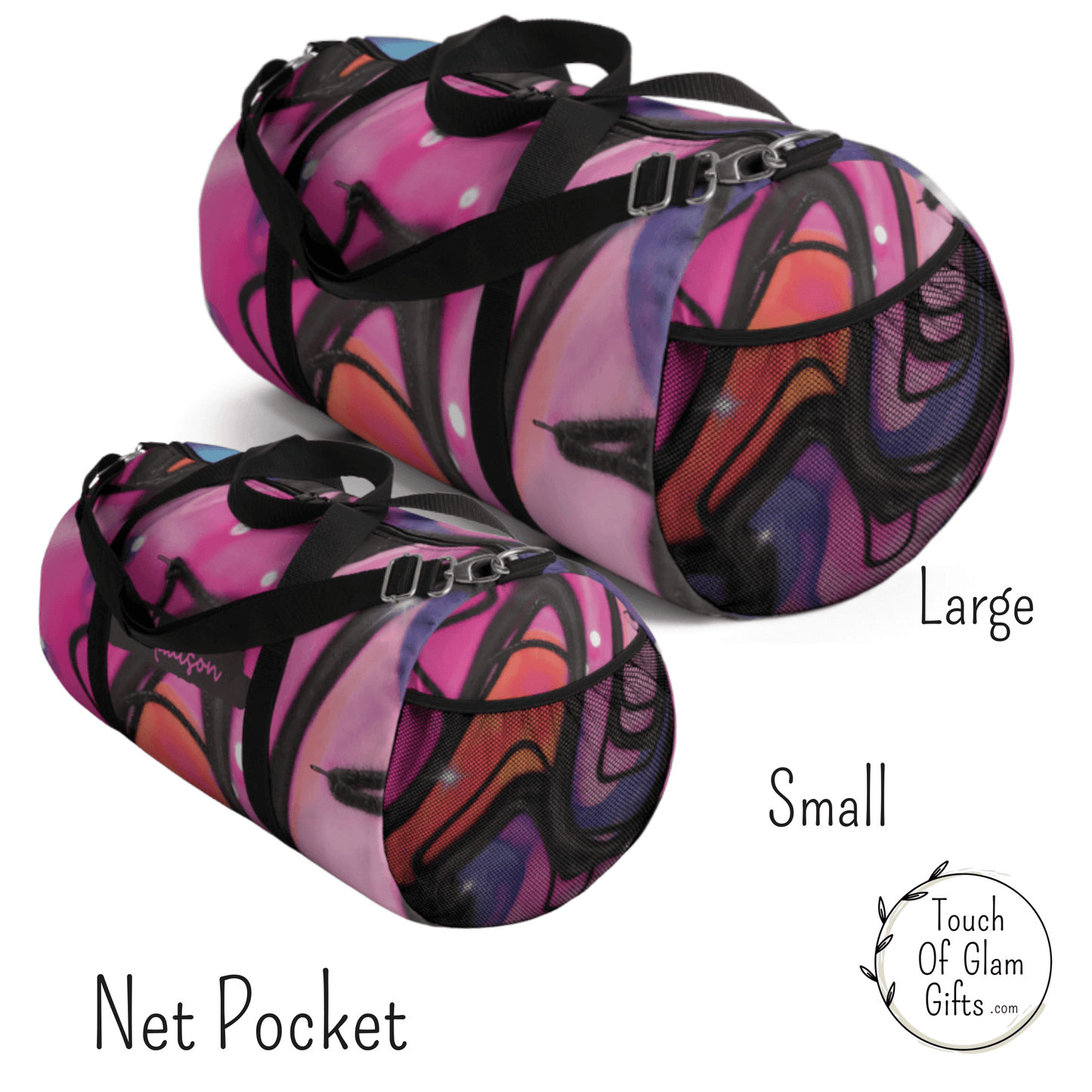 Our pink retro weekender bag has a netted pocket on one side for extra storage capacity. The small and large duffel bags are the exact print, just different sizes. The small pink duffel has a personalized name on the front and the large is plain.