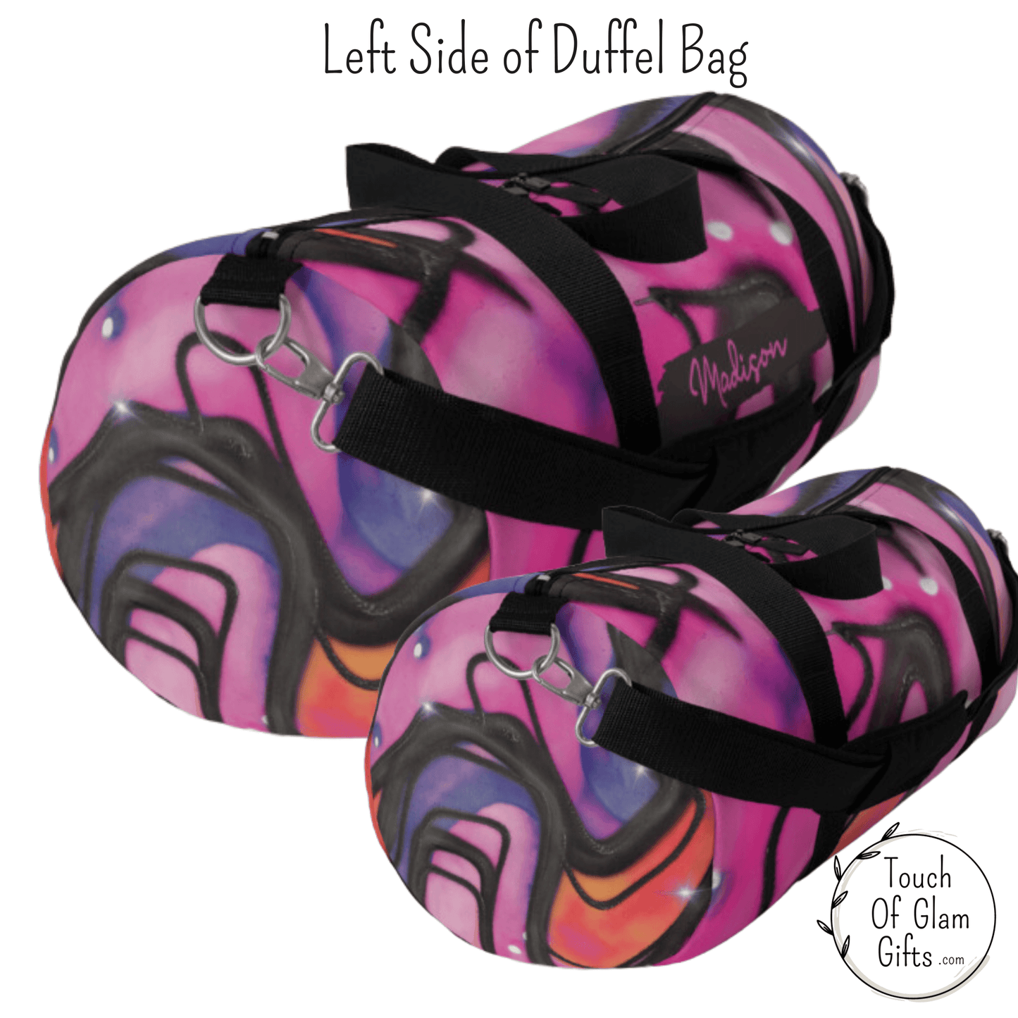 The left side of the pink retro duffel bag shows the colorful print and metal clasps for the shoulder strap. This duffel bag has black handles also for easy carrying ability. The large bag shows a monogram name and the small bag is plain.