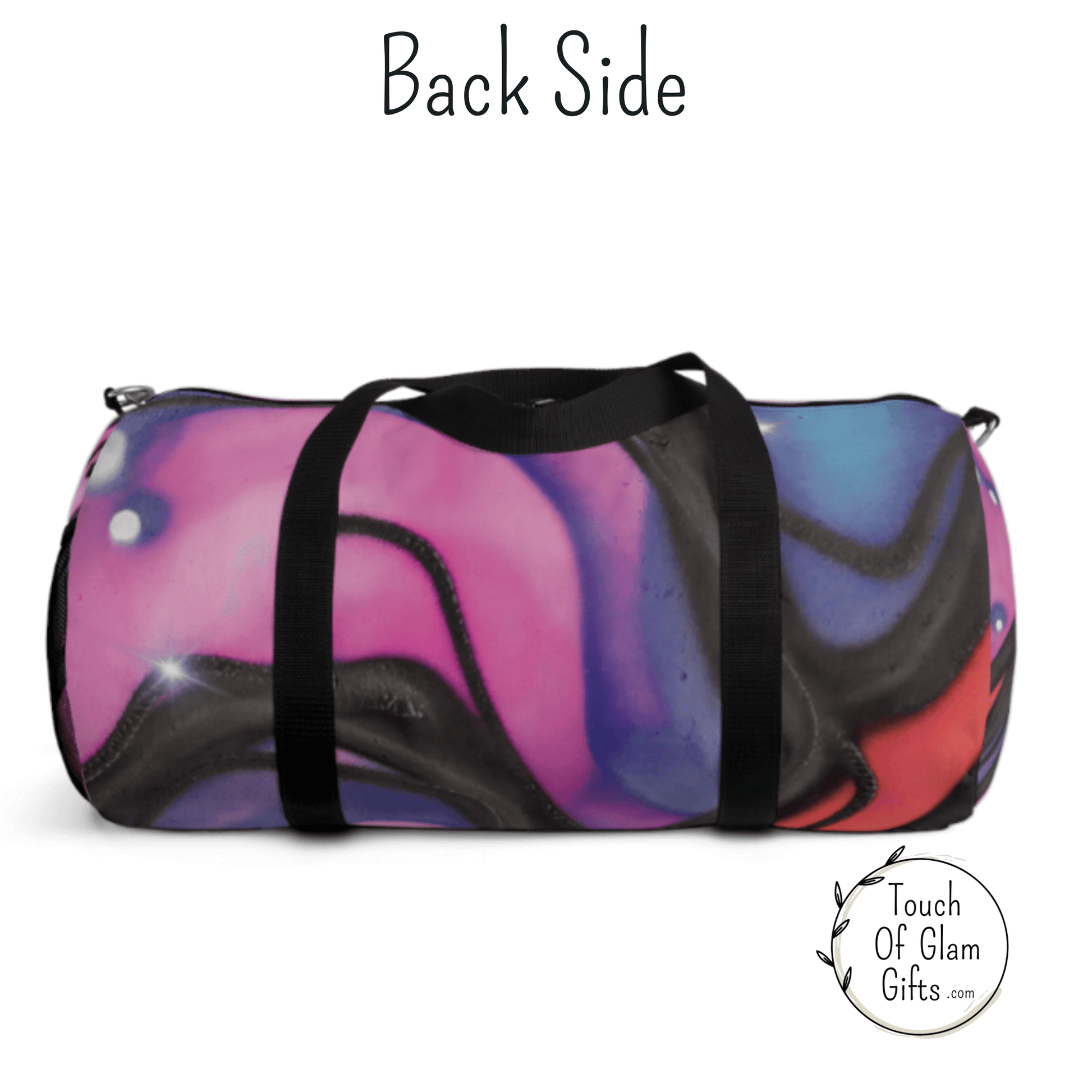 The back side of our pink duffel bag shows the retro pink graffiti design and black handles. A pink travel bag is the perfect personalized gift for women and teenagers and teen girls sports bag.
