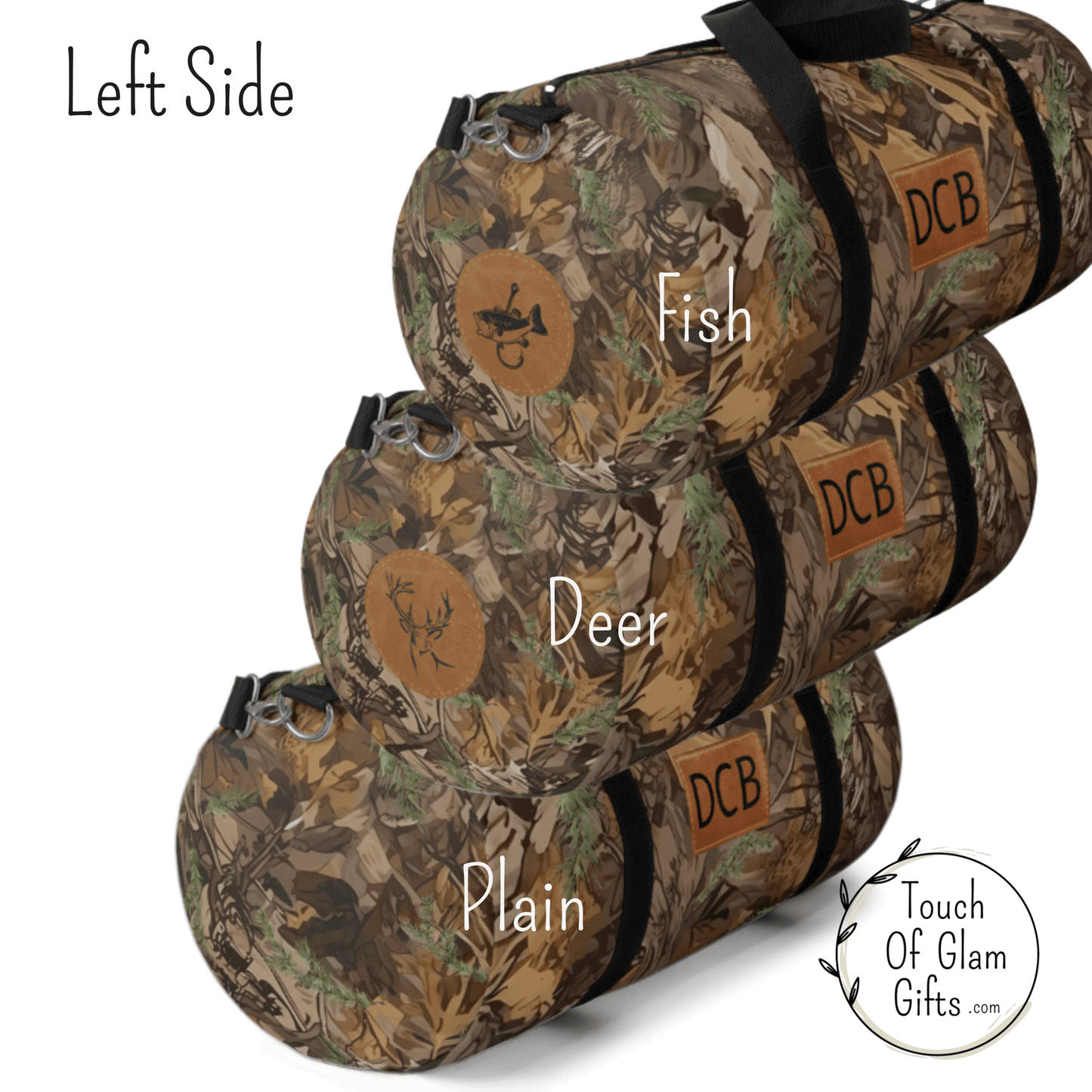 Monogrammed Camo Canvas Duffel bags for men, showing three duffel bags. This shows one bag plain camo, with a fish and one with a deer on the ends as choices.