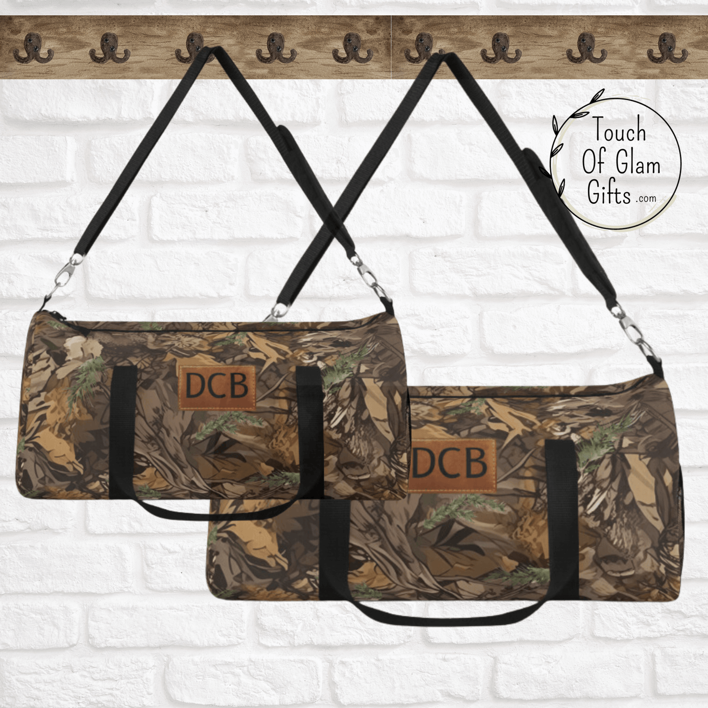 Mens Camouflage Monogrammed Duffel Bag for hunters in 2 sizes canvas bags. 