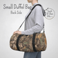 A woman wearing the small camouflage duffel bag to show the size.