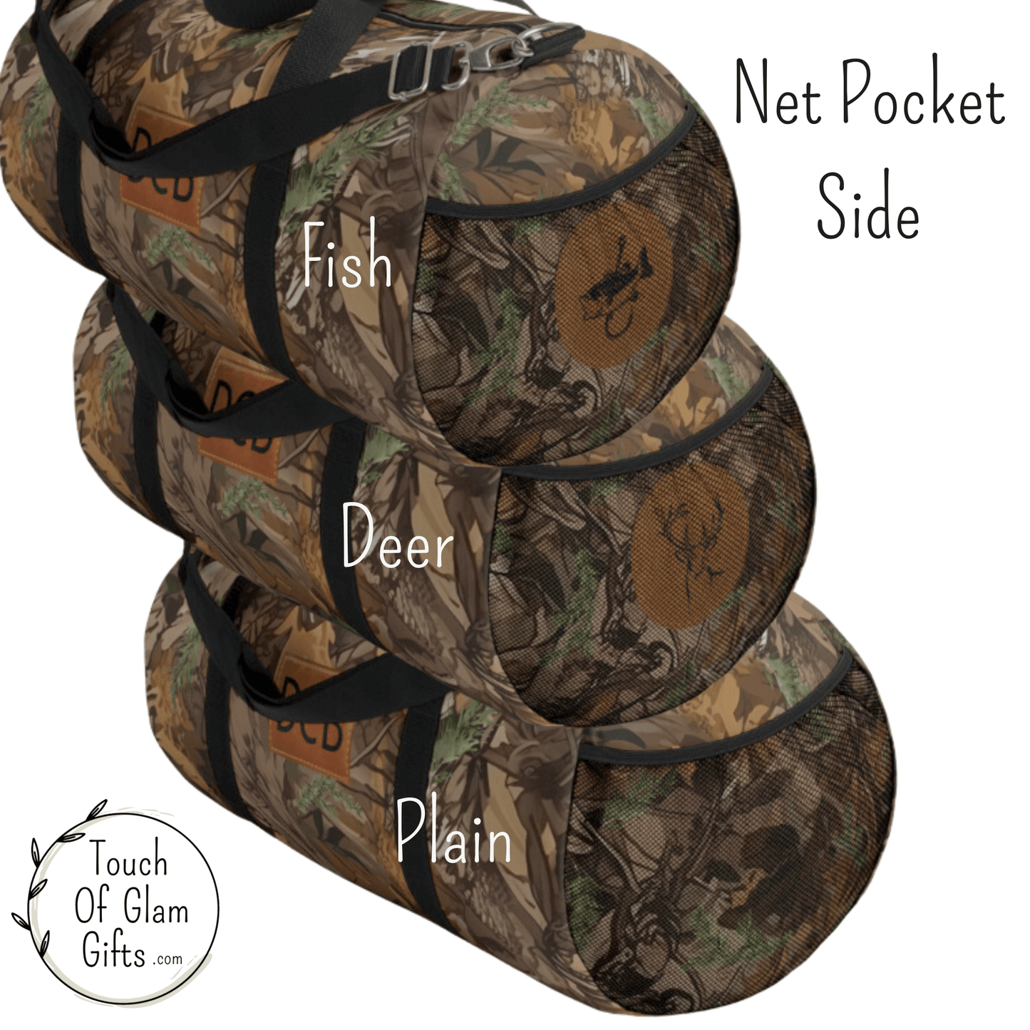 The left side of the camo duffel bag shows a netted pocket with the fish patch, deer head patch and the plain camo as an option to get on the personalized duffel bag.