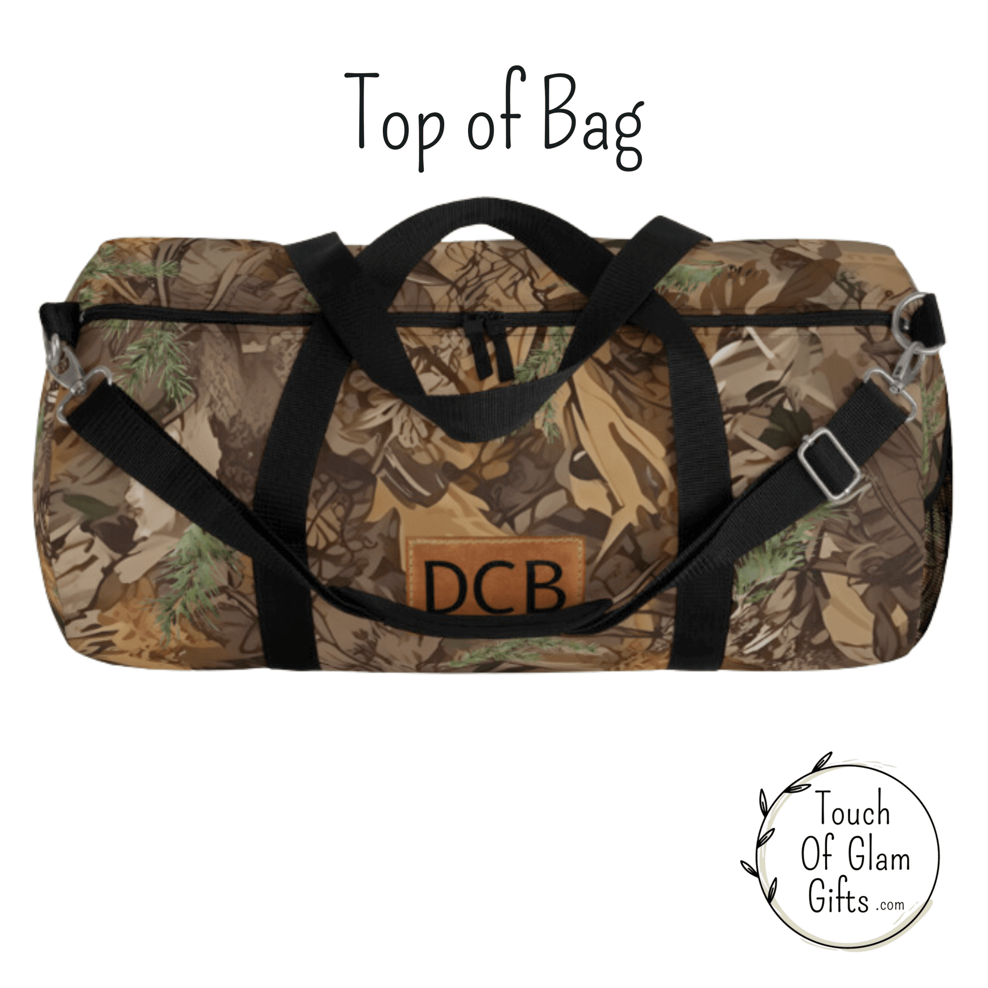 The top of the duffel bag shows a zipper and handles and padded shoulder strap and the bag is the same in large or small size.