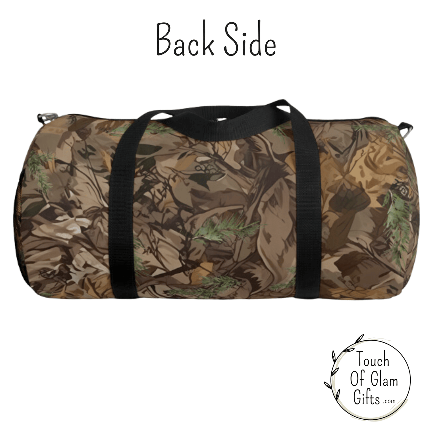 The back side of the camo duffel bag is plain camo fabric.