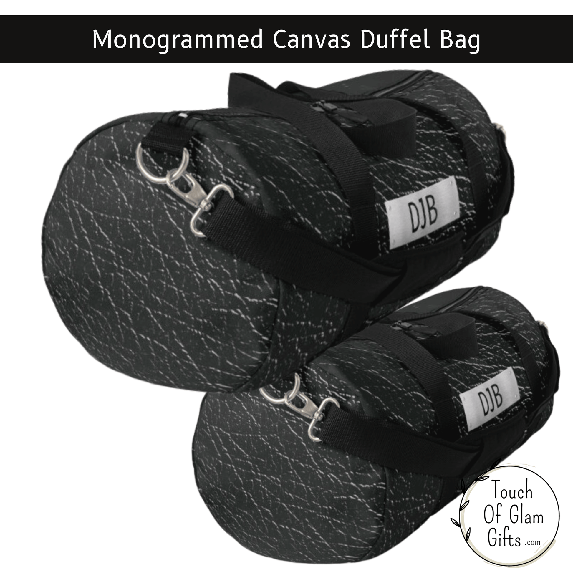 Mens monogram initials personalized dark grey and black duffel bag has a steel print with black initials. This durable canvas duffel bag has a dark gray leather print on canvas.