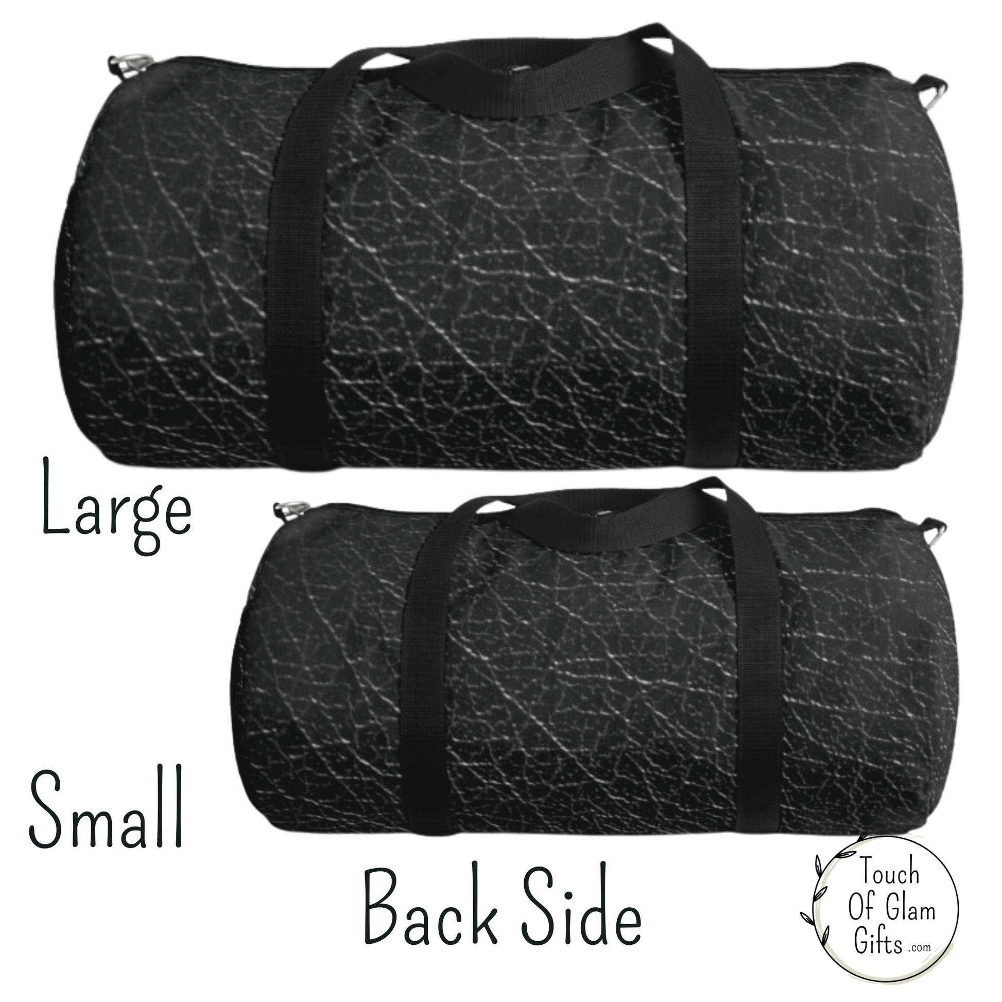 The back side of our mens duffel bag shows the printed leather print on canvas duffel bag.