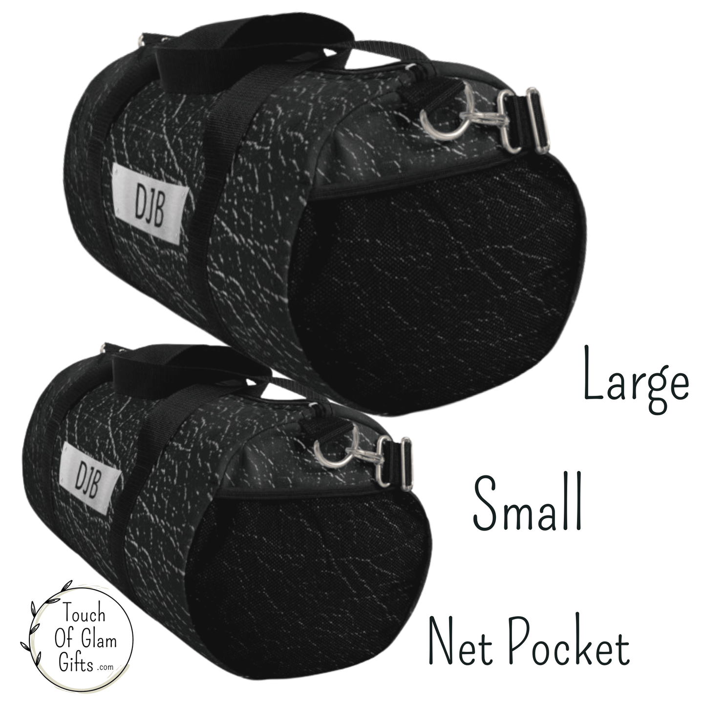 The left side of our mens duffel bag shows a net pocket on the small carry on size bag for men and the large weekender bag. Both can be personalized and make the perfect birthday gift for men.