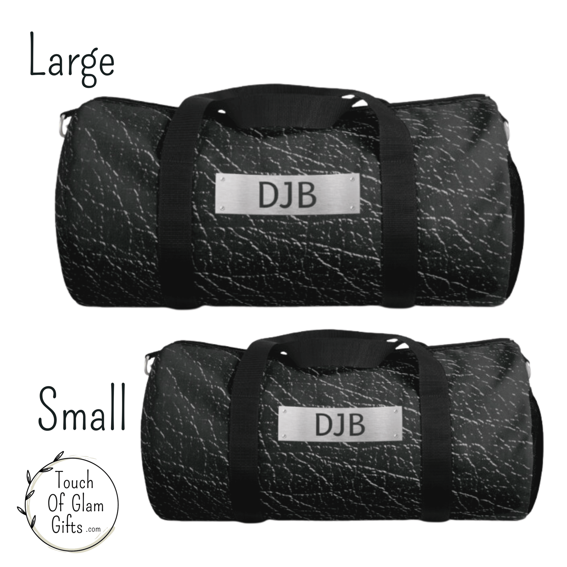 The front view of both duffel bags shows the steel plate with initials and handle straps and shoulder straps.