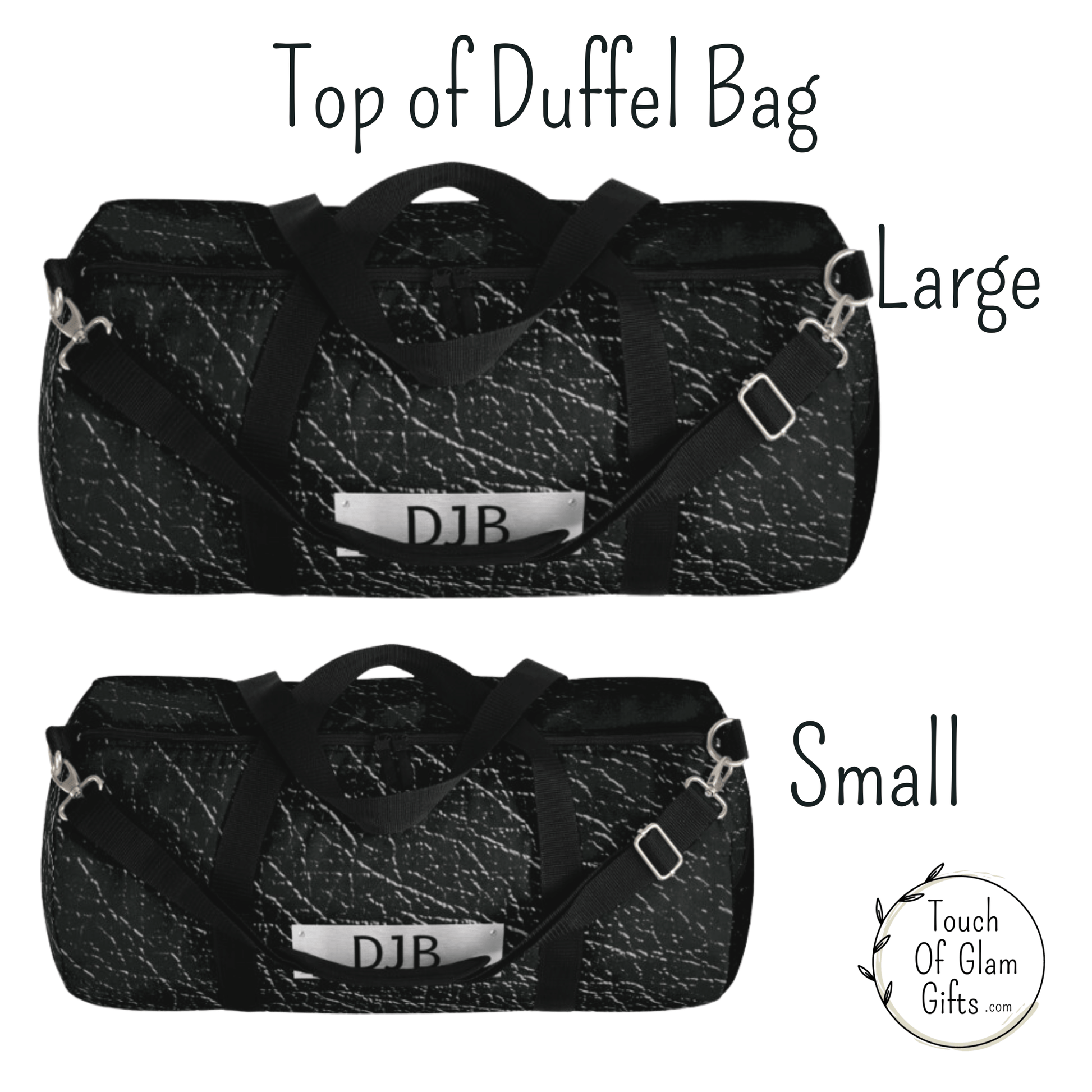 Top of mens black and grey duffel bag shows a sturdy zipper and steel clasps.