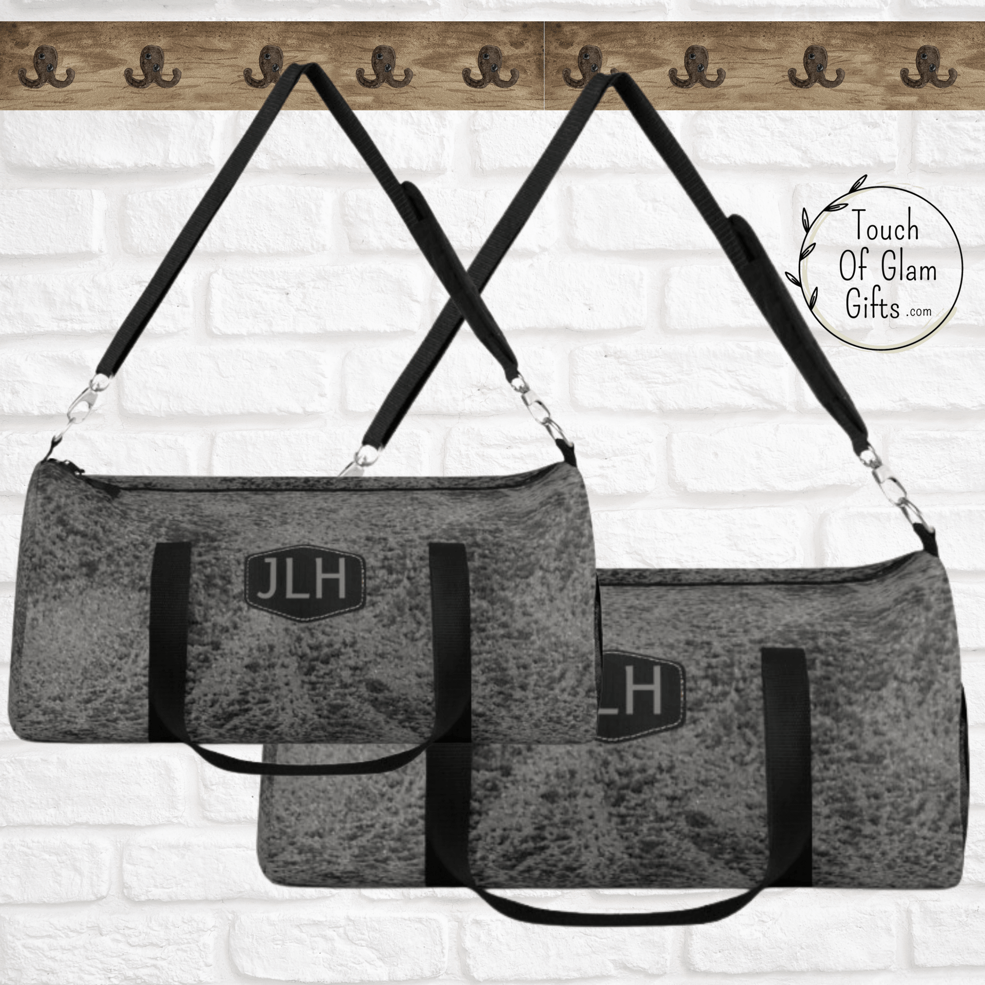 Mens monogrammed grey duffel bag comes in large and small carry on size. The large duffel bag is the perfect weekend bag for guys and the small is perfect for a carry on bag.
