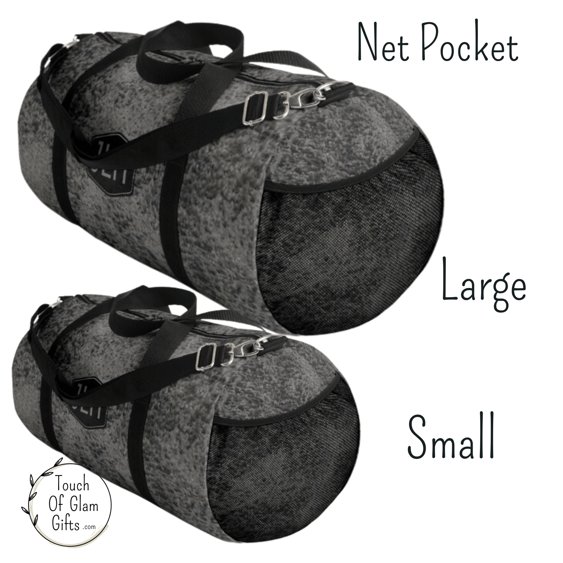 both the large and small duffel bag for guys has a net pocket on one side for extra storage. These quality built duffel bags make the perfect personalized gift for guys.