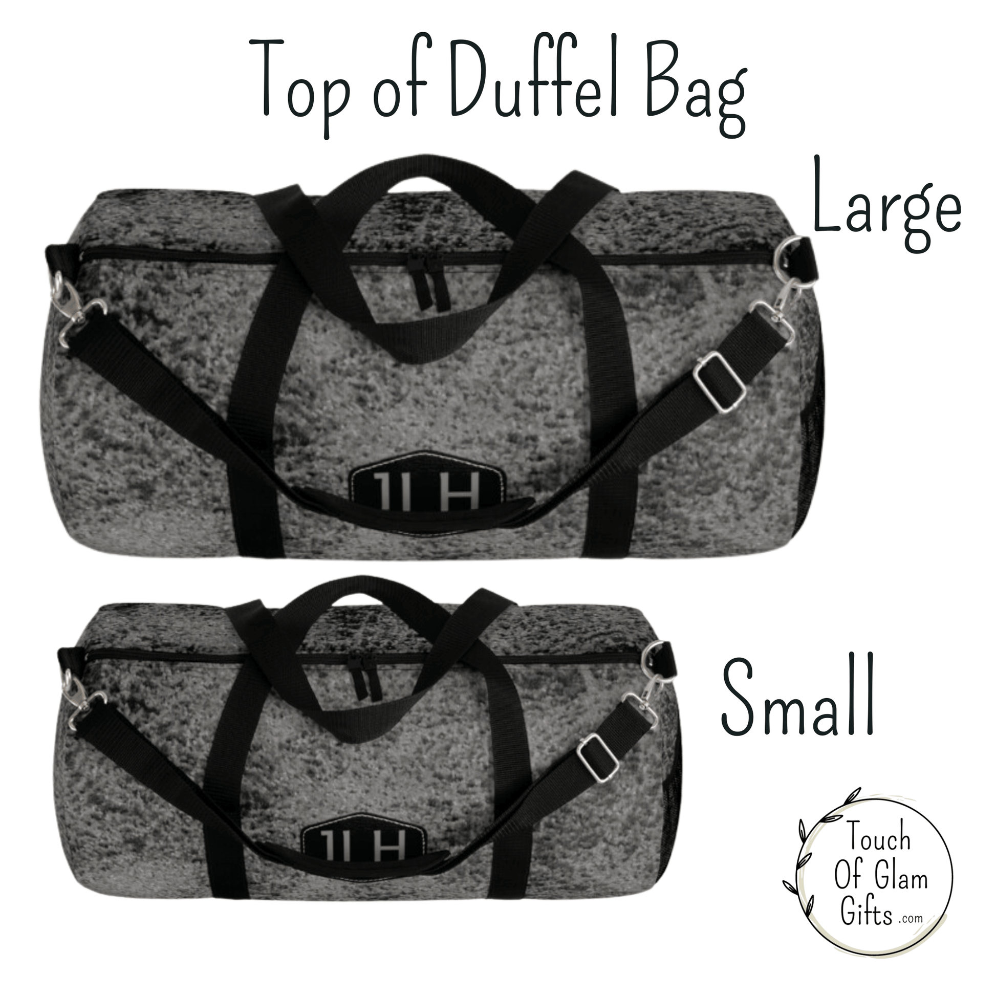 This weekend bag for guys shows the double head zipper that is quality, the adjustable shoulder strap in both the large weekend bag and small duffel bag.