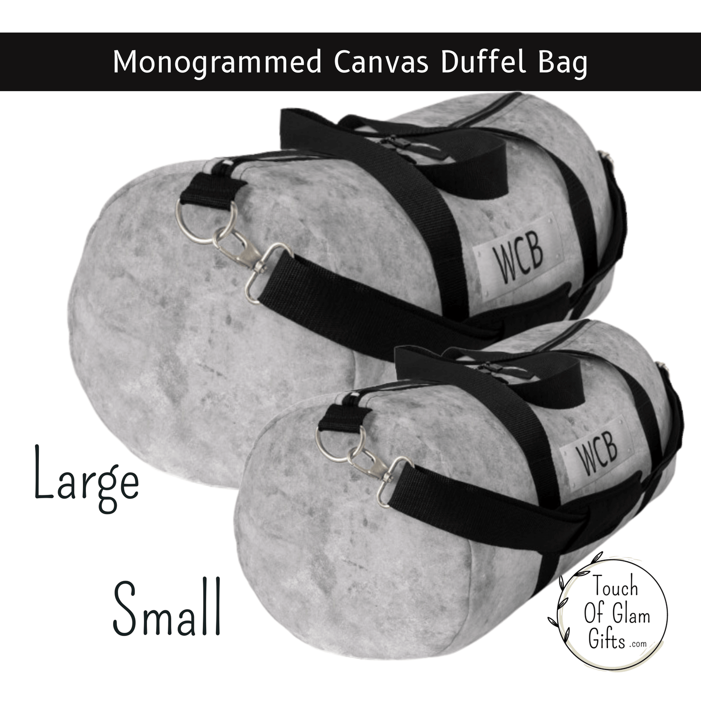 Our grey duffel bag comes in two sizes. The large and small canvas bag is the same for both. The steel plate with your initials can be customized with up to three letters.
