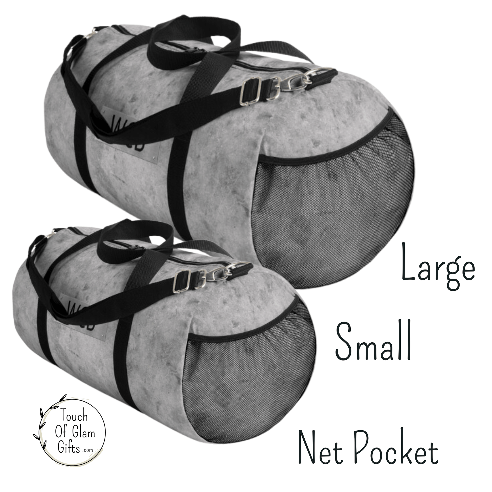 The left side of the grey canvas duffel bag has a netted sewn in pocket and the straps have metal clasps for extra durability.