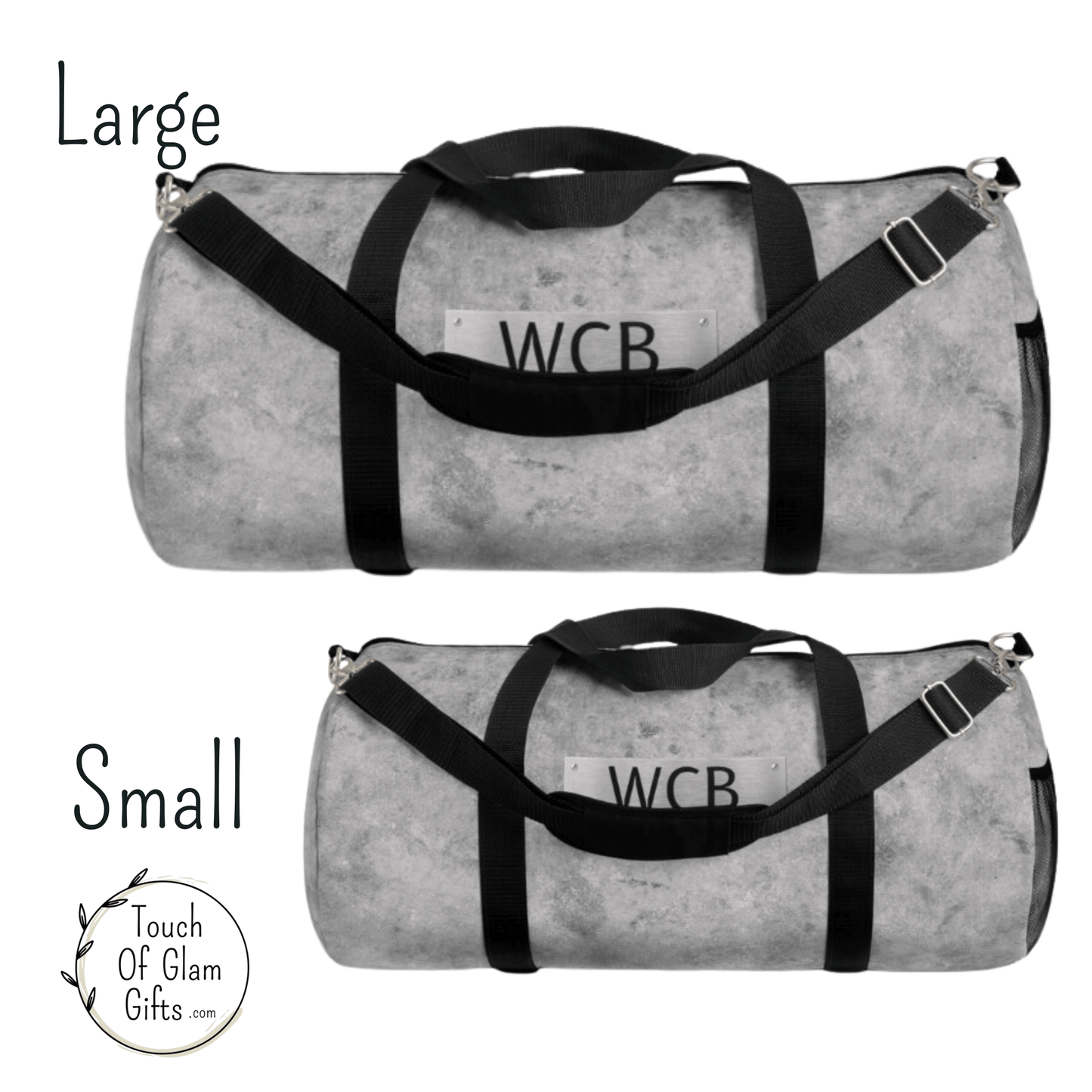 The front of the mens weekend bag has a printed steel plate with black monogrammed letters for your initials. The large and small bag are identical. 