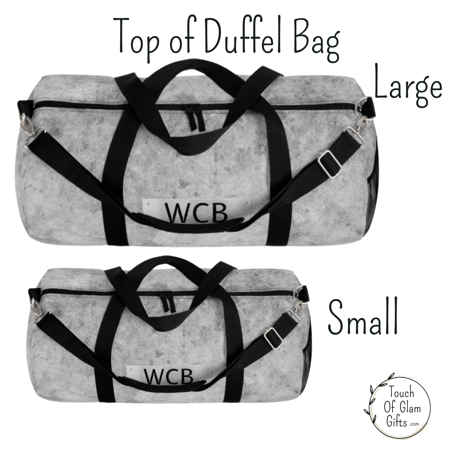 The top of the light grey weekender bag has a quality double handle zipper.