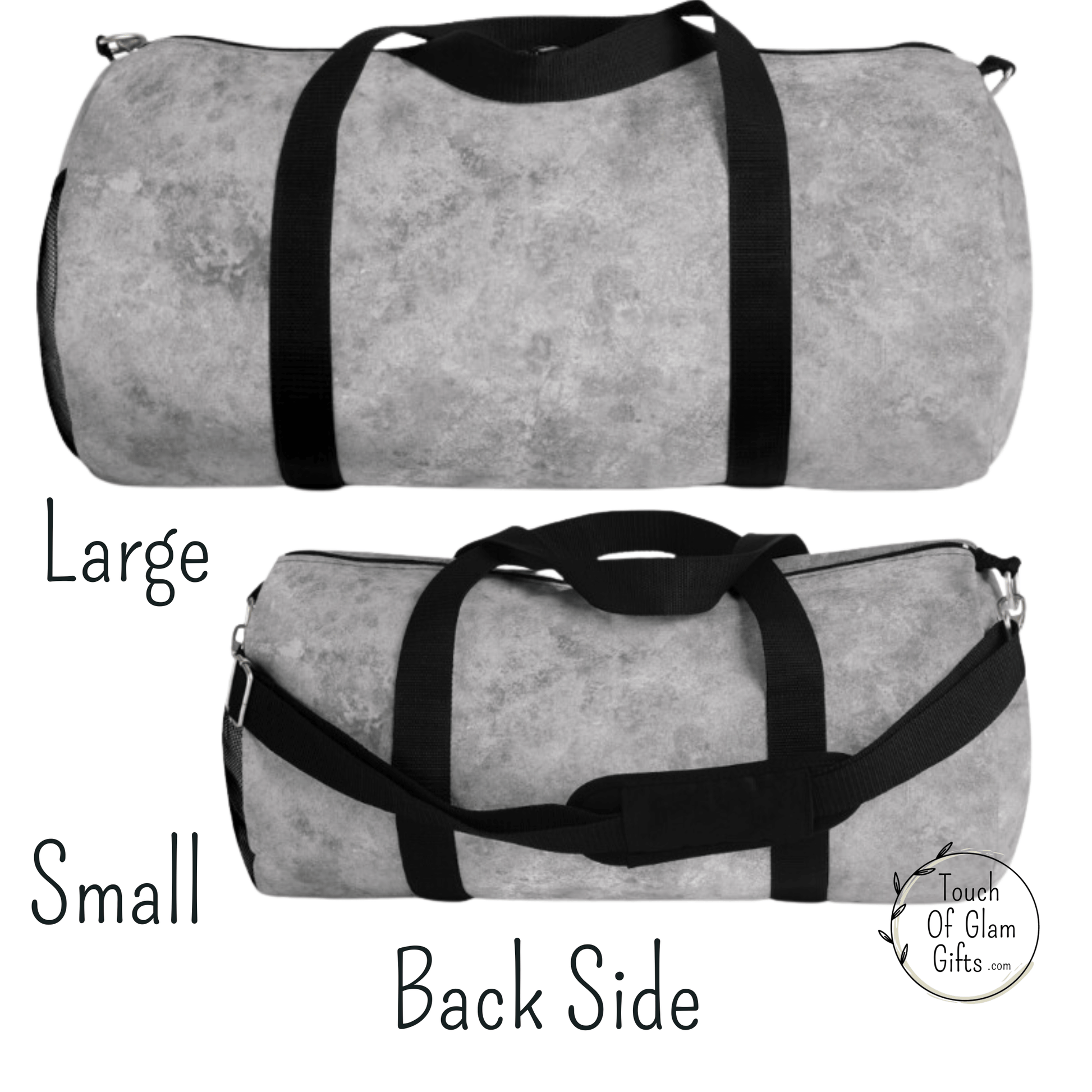 The back side of the duffel bag is the light grey leather print on canvas with black straps.