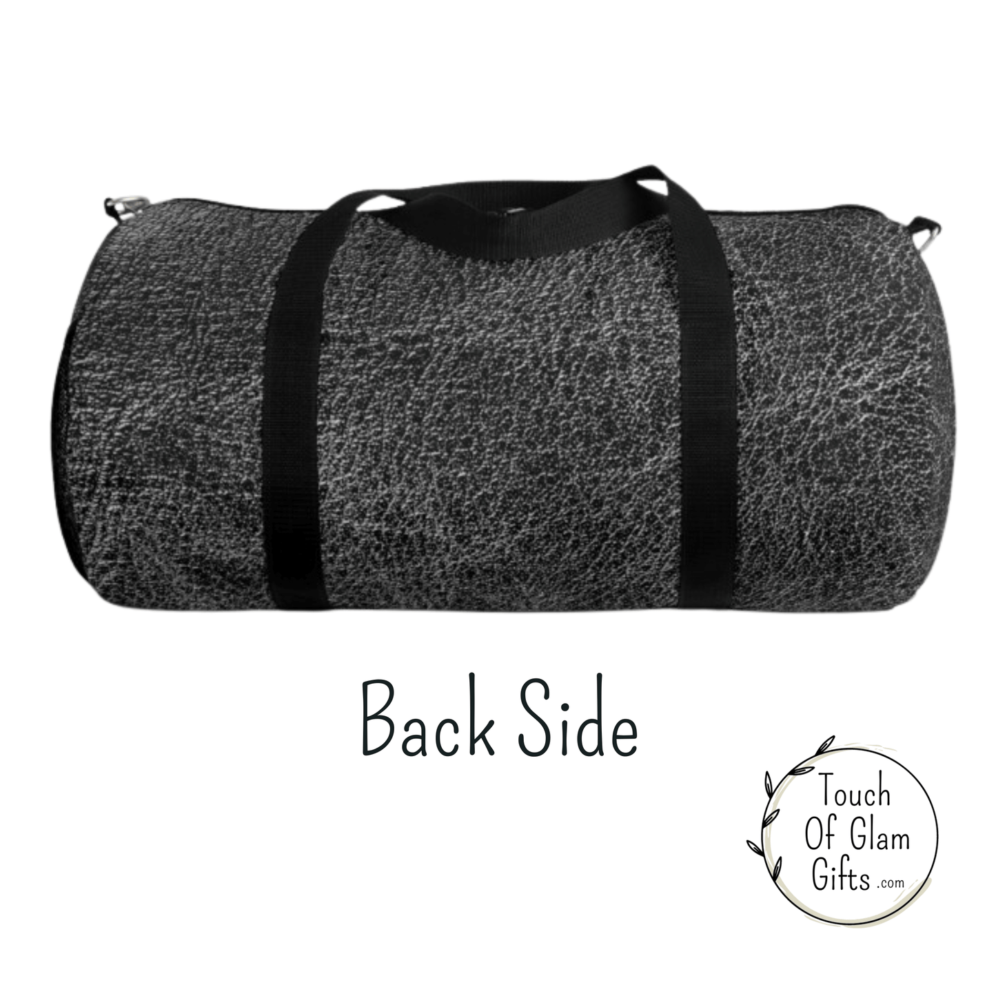 The back of our duffel bag is the same dark gray leather print on canvas. The small and large size bags are exactly the same.