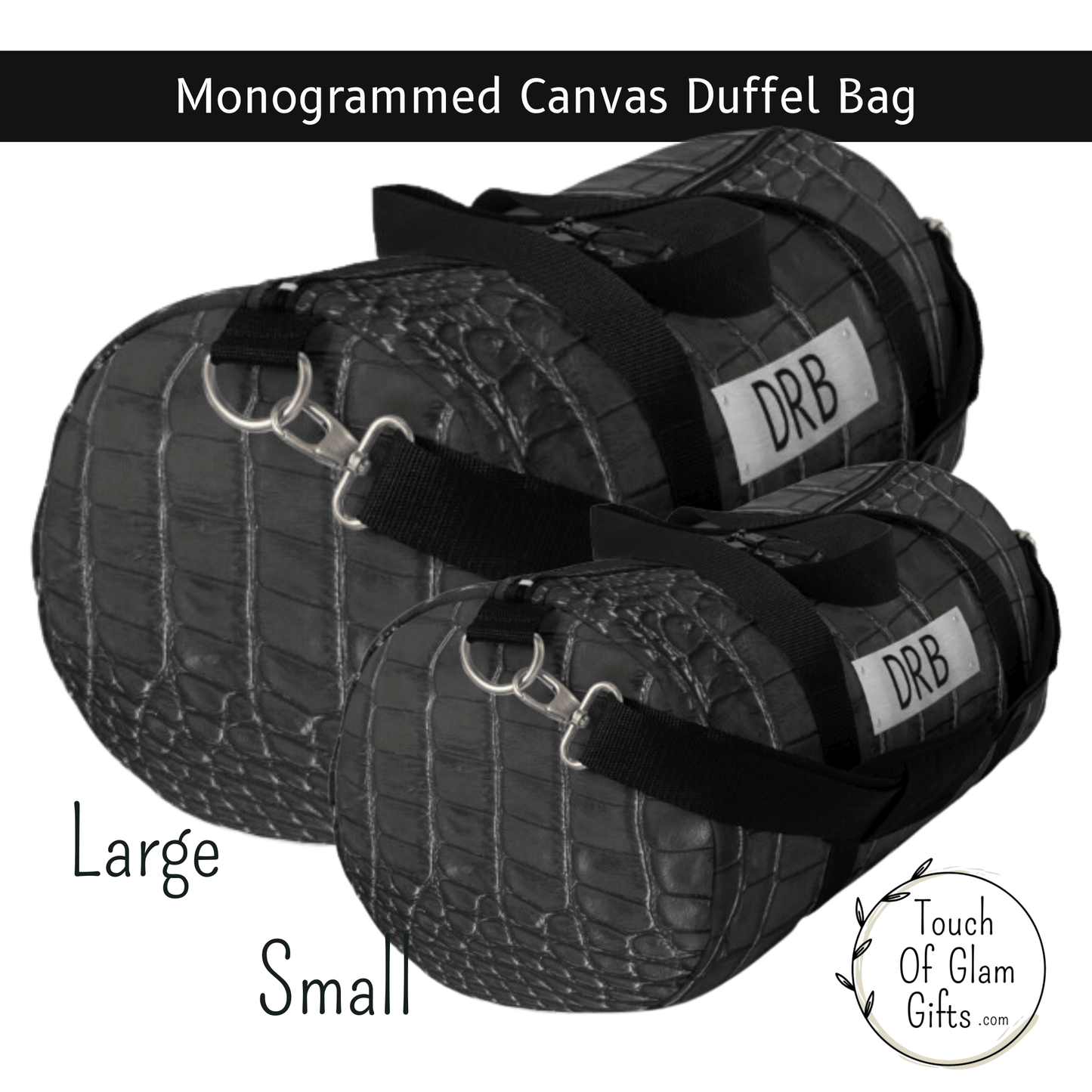 This picture shows the left side of the black canvas duffel bag and the upclose monogram lettering and the steel clasps for the strap for both the large and small duffel bag for guys.