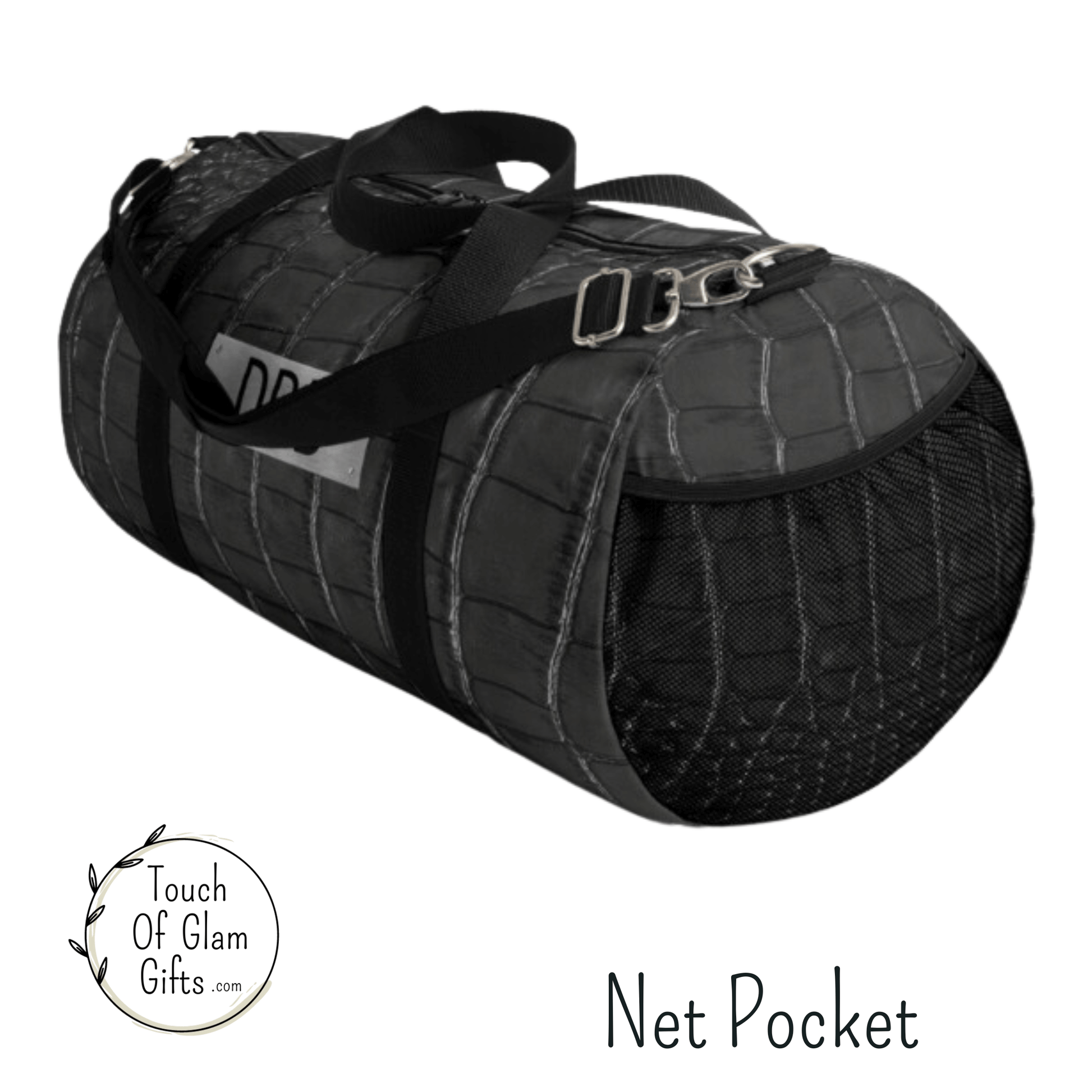the right side of our dark grey and black snakeskin duffel bag has a sewn in net pocket.