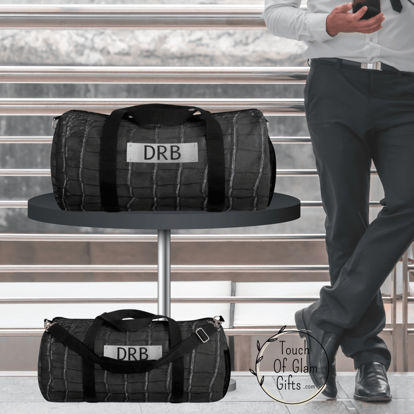 Custom monogrammed mens dufffel bag comes in a large duffel bag and small carry on size duffel bag. These personalized bags make the perfect gift for groomsmen gifts and gifts for guys.