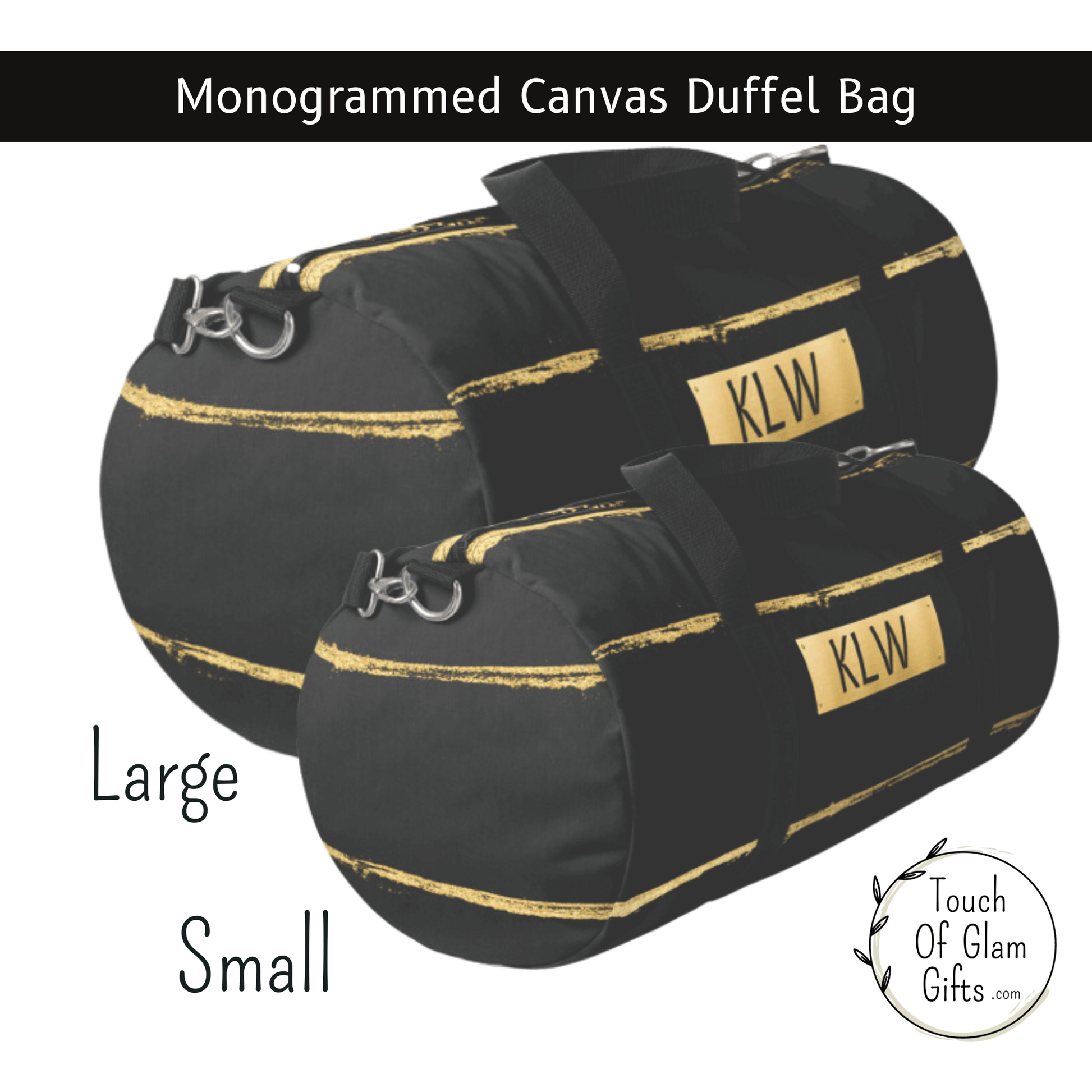 Our light black or charcoal grey monogrammed canvas duffel bag shows the metal hardware clasps for the padded shoulder strap and black handles for easy traveling for the weekend.