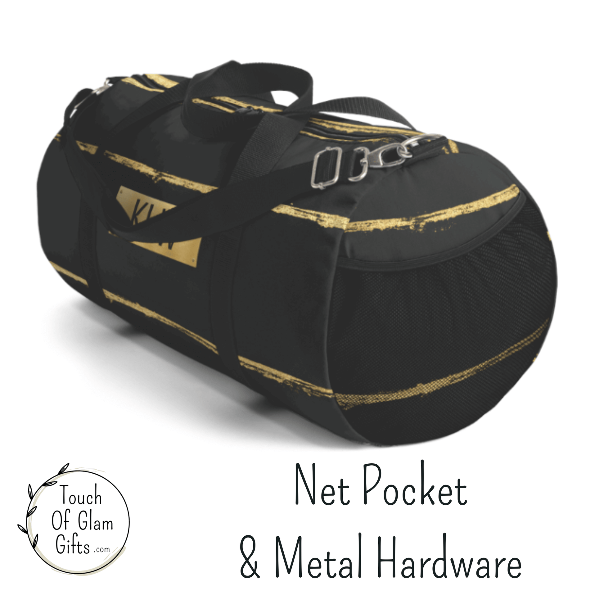 This view of our mens custom duffel bag shows the net exterior pocket for additional storage. The personalized duffel bag is custom made upon your order.