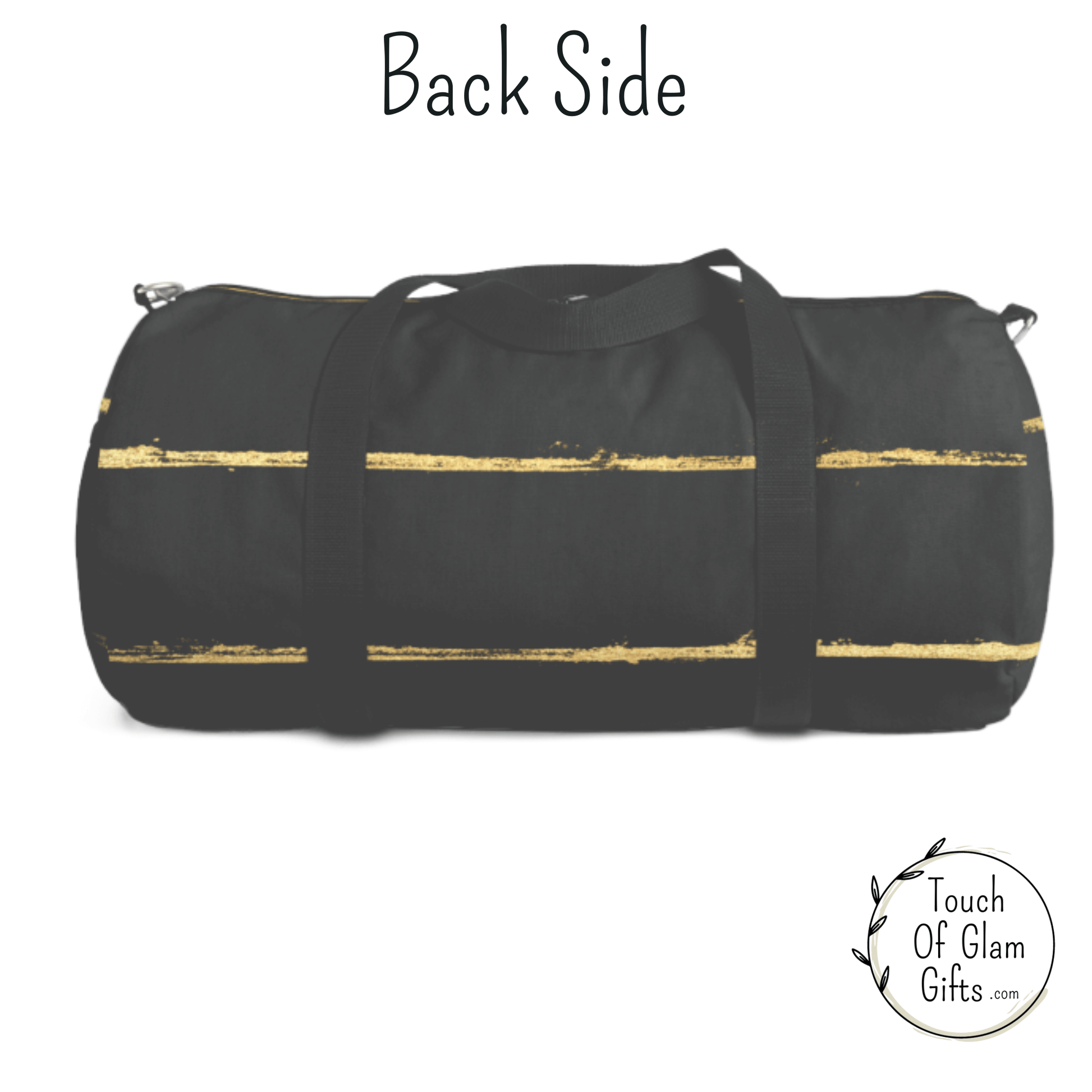 The back side of the charcoal grey and gold canvas duffel bag is light black canvas material with distressed gold lines.