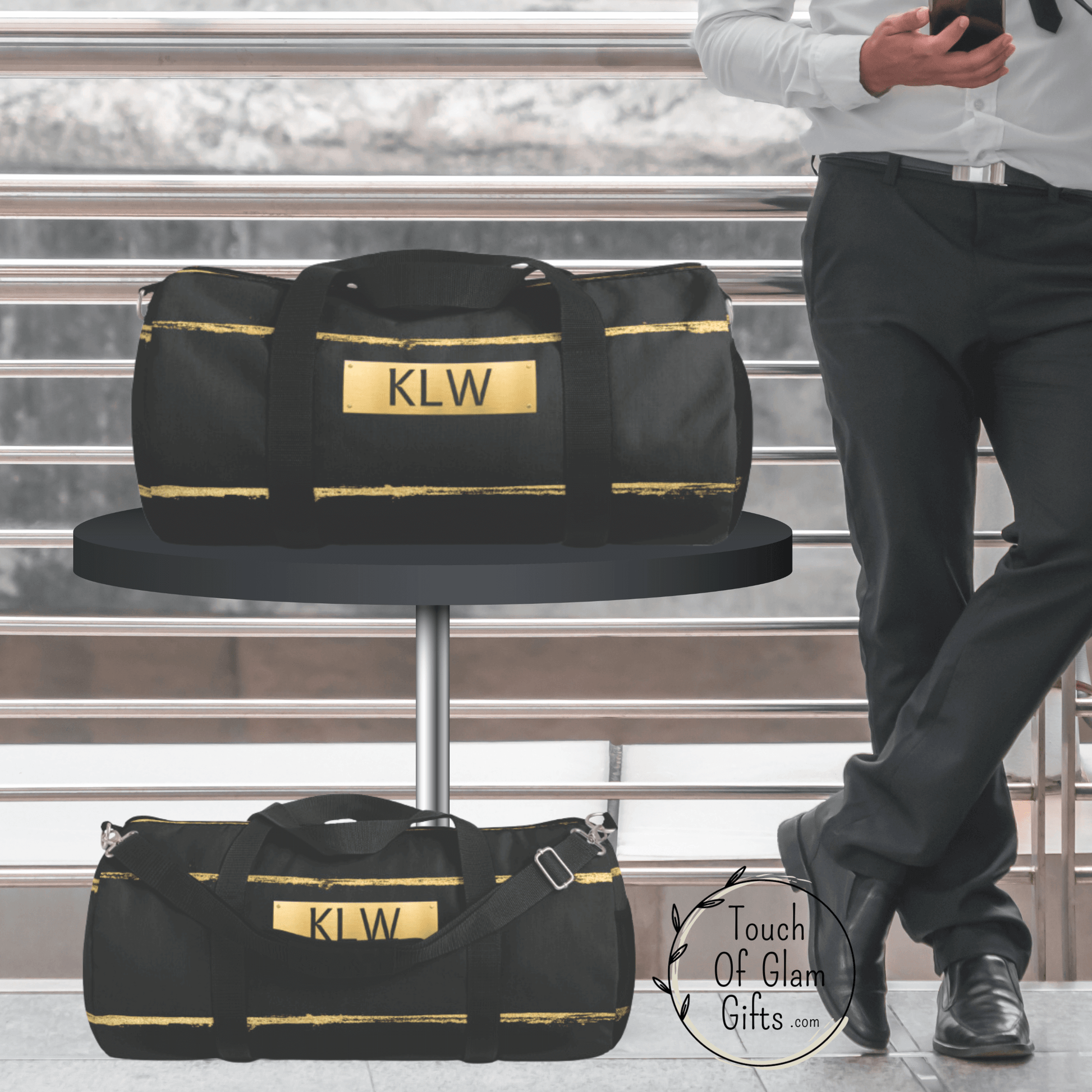 Mens Monogrammed canvas duffel bag is the perfect travel accessory for men. This light black or charcoal grey bag has a gold plate with black initials to personalize the bag.