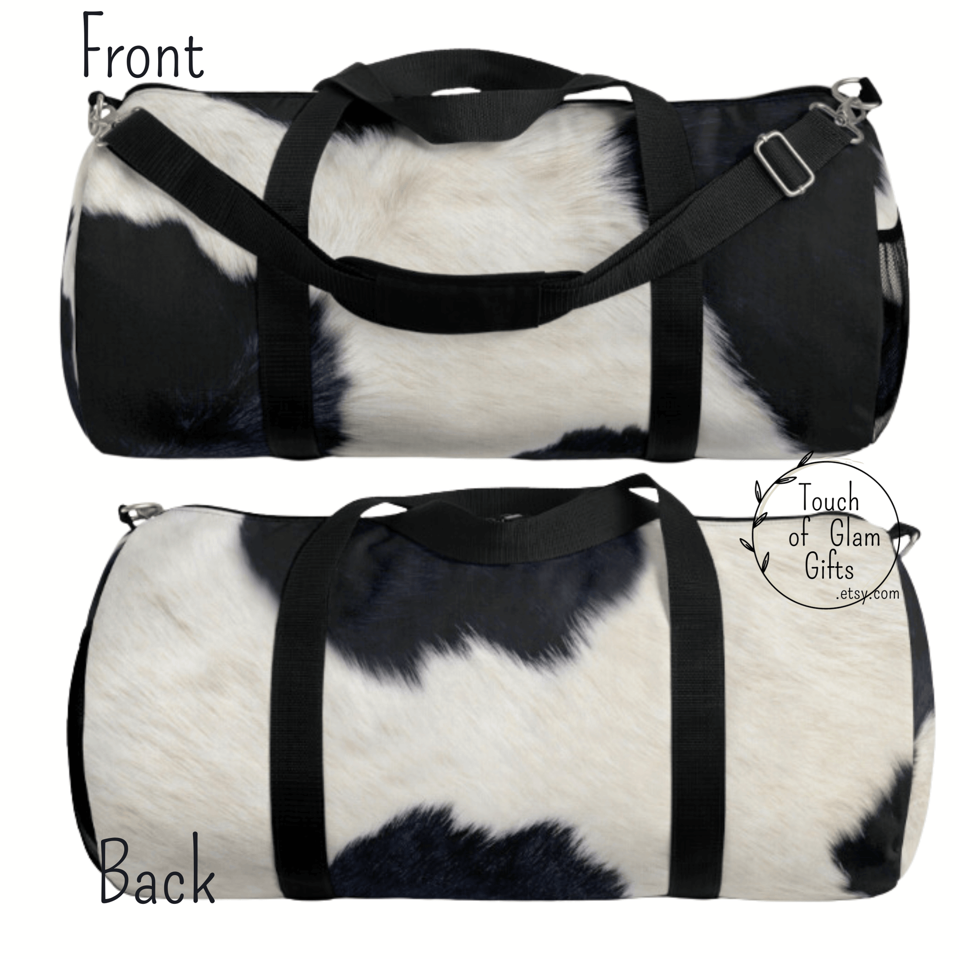 This picture shows the front of the duffel bag and the cow print pattern and the back side with the cow print.