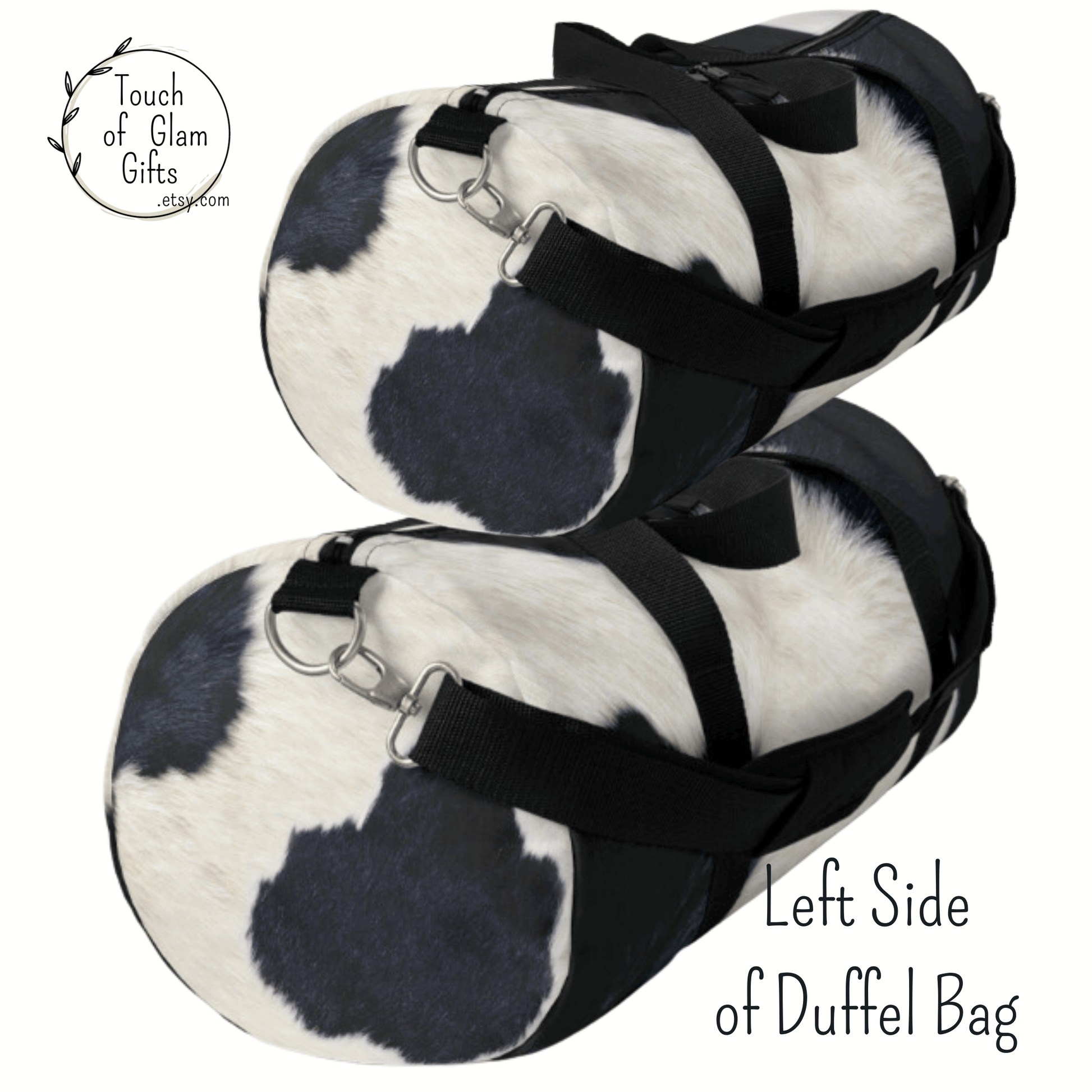 The second side of the cowprint duffel bag is no pocket and plain cow print on canvas duffel bag.