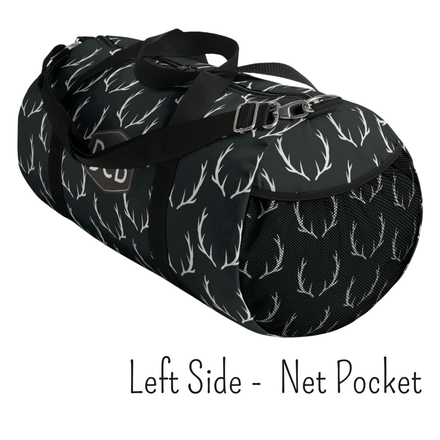 The left side of our deer antler black gym bag shows a net pocket for additional storage.