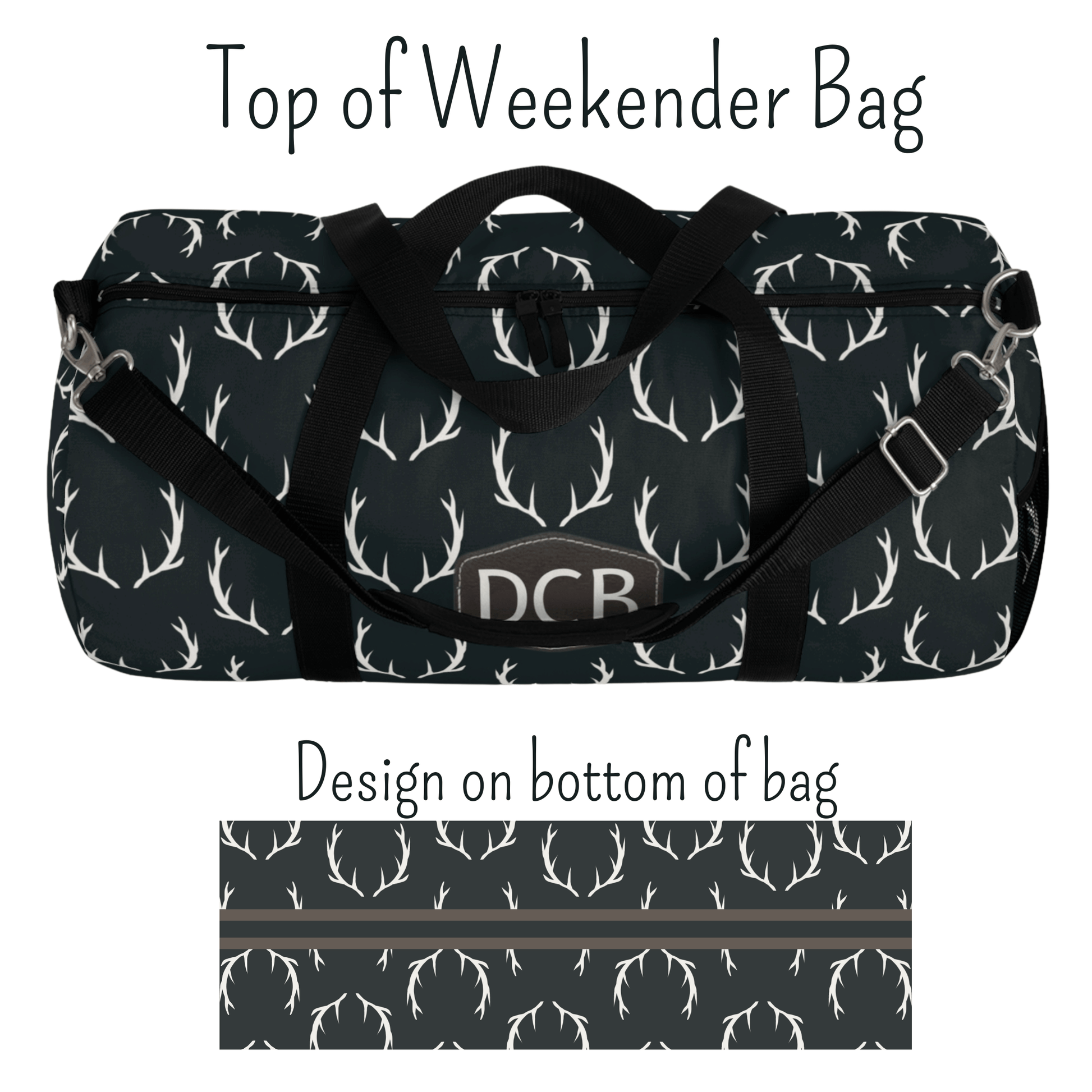 The top of our weekend bag for men shows the black quality zipper with two heads for easy access. The bottom of the bag has a brown and black stripe on the print.