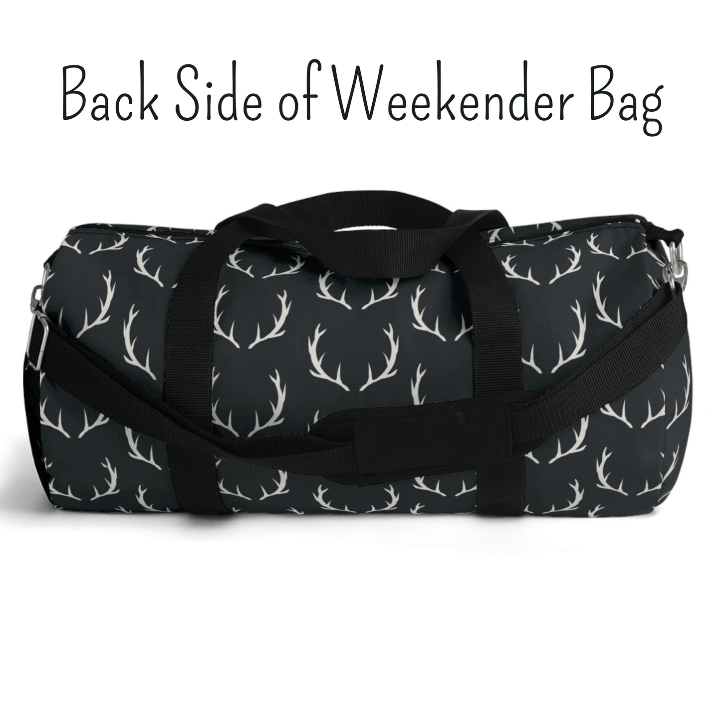 The back side of our weekender bag for deer hunters shows the black with off white antlers and the black carrying handles.