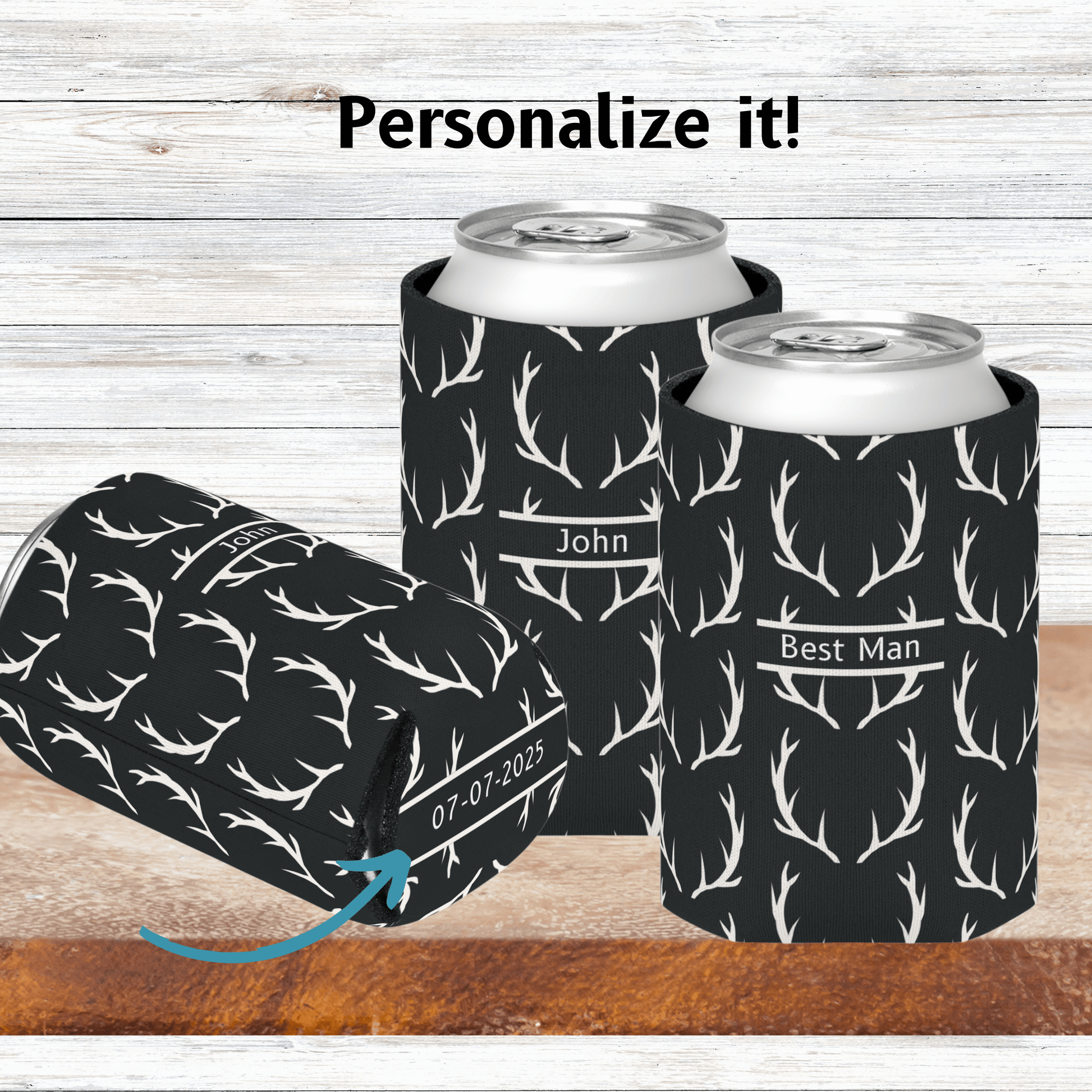 Our personalized koozie drink holder for rustic weddings. This custom koozie makes perfect personalized gifts for groomsmen.