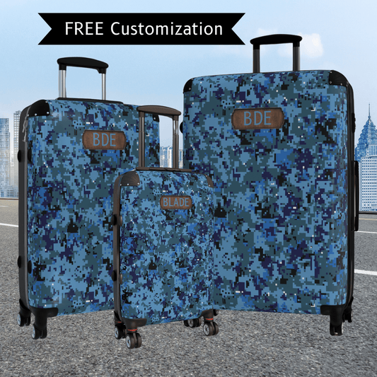 Mens Blue Camo Luggage Set Personalized