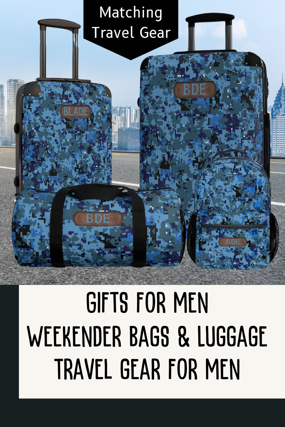 Mens Blue Camo Luggage Set Personalized Travel Bag