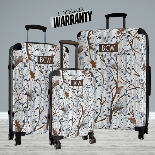 White Camouflage Luggage for Men Boys Tree Camo Spinner Suitcase Gift Idea for Hunter Husband Boyfriend Son Carry On Bag